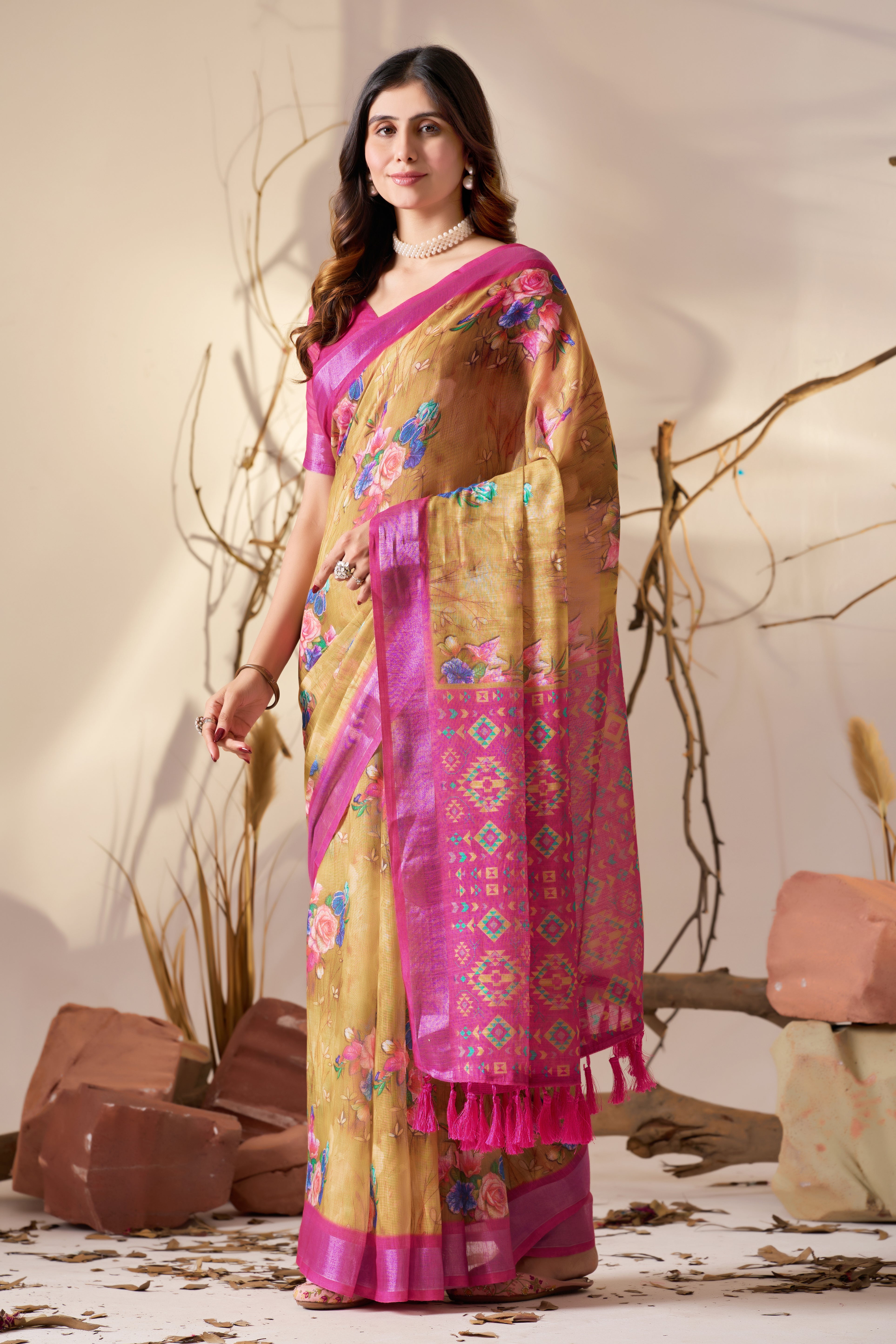 Premium Linen Cotton Saree with Graceful Digital Floral Print & Rich Patola Inspired Border Design