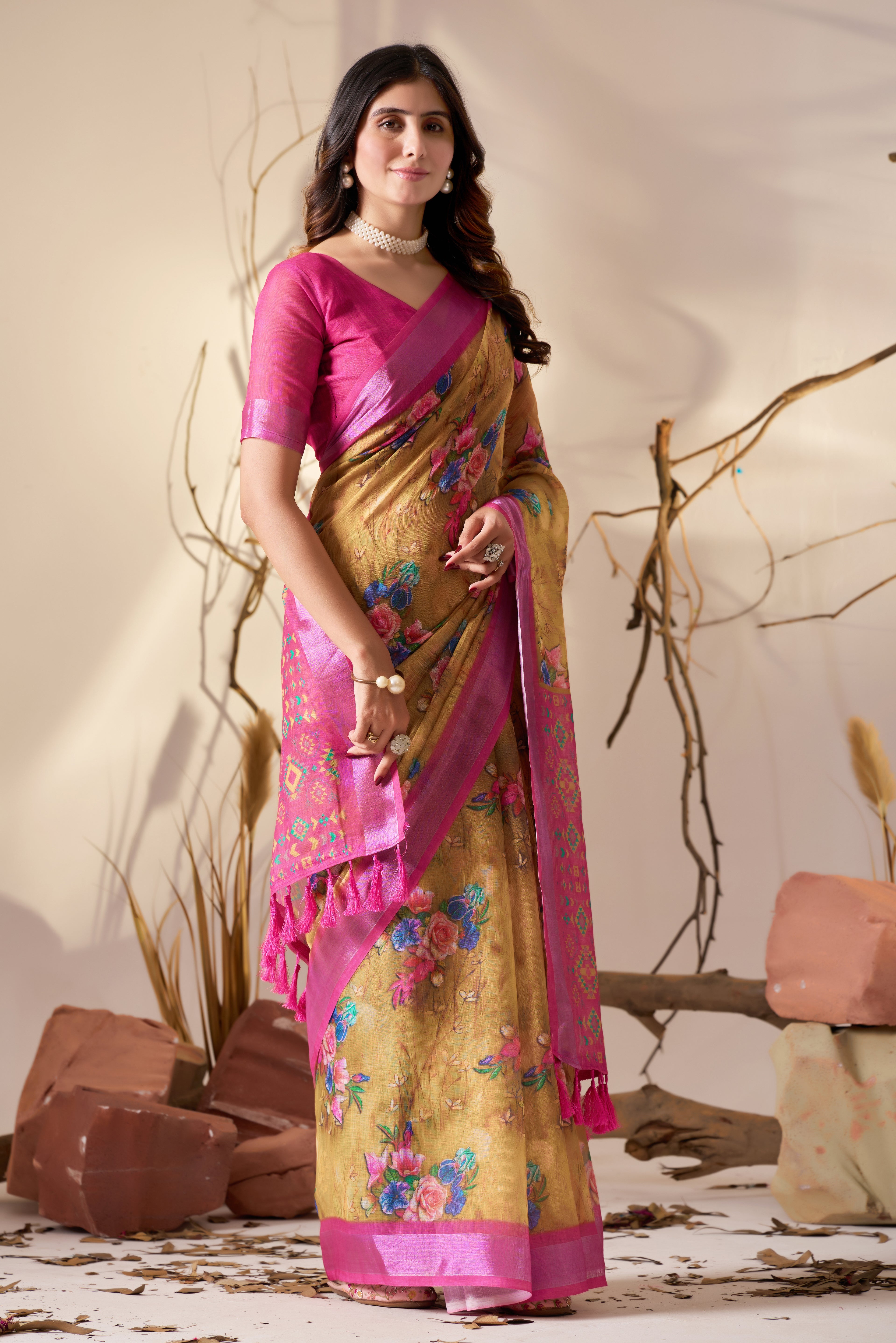 Premium Linen Cotton Saree with Graceful Digital Floral Print & Rich Patola Inspired Border Design