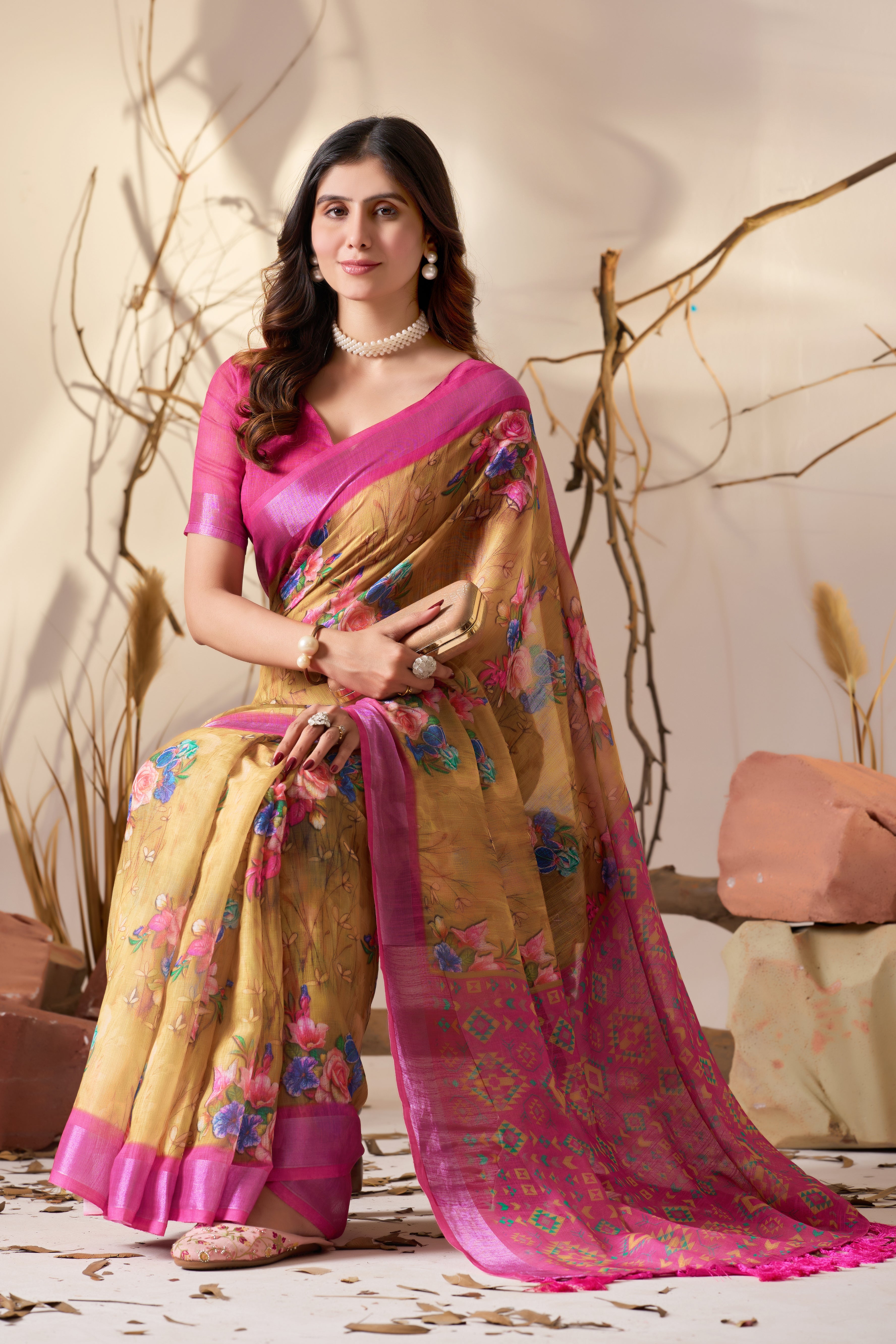 Premium Linen Cotton Saree with Graceful Digital Floral Print & Rich Patola Inspired Border Design