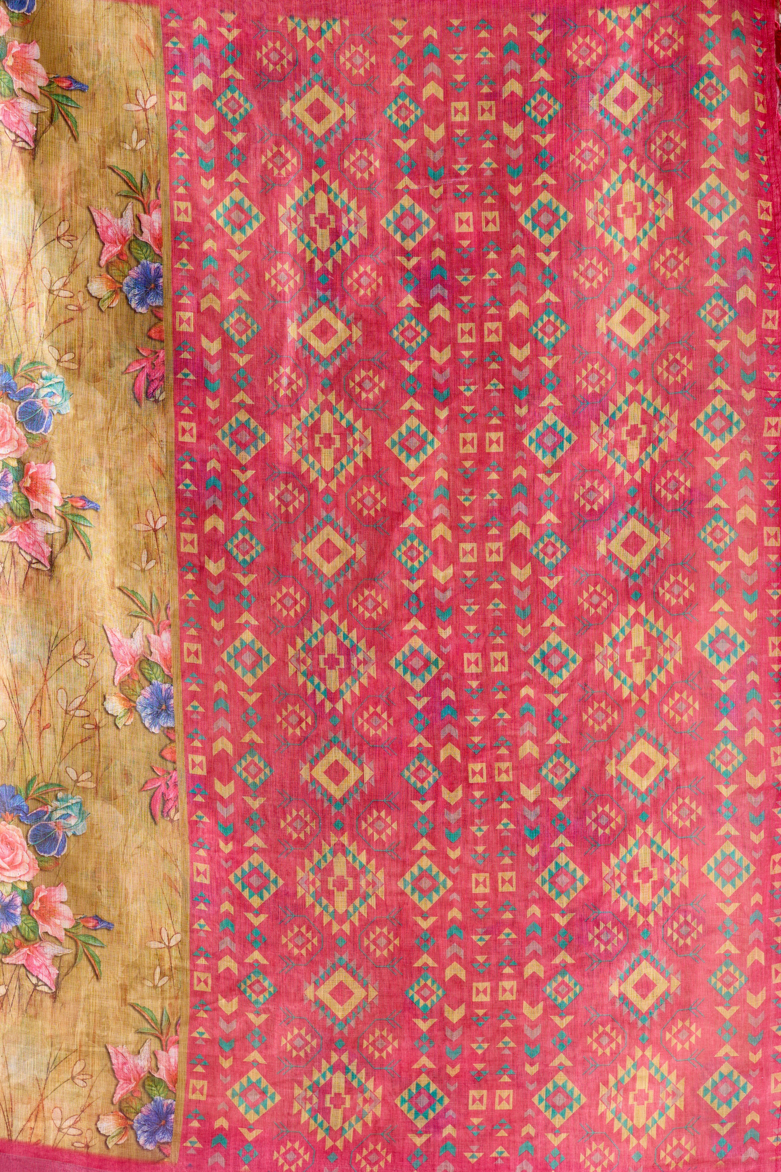 Premium Linen Cotton Saree with Graceful Digital Floral Print & Rich Patola Inspired Border Design