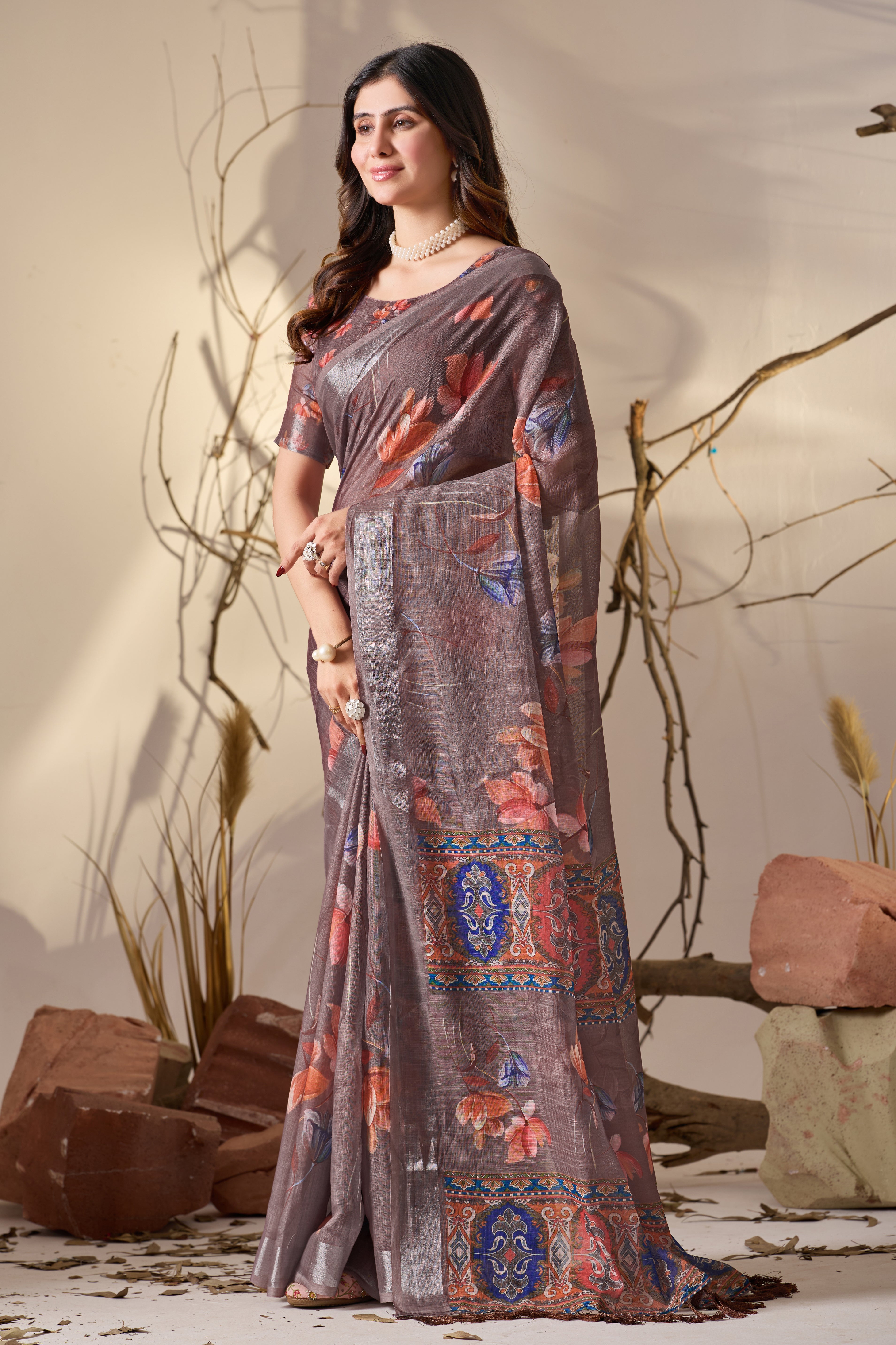 Premium Linen Cotton Saree with Elegant Digital Floral Print & Exquisite Patola Inspired Border Detailing