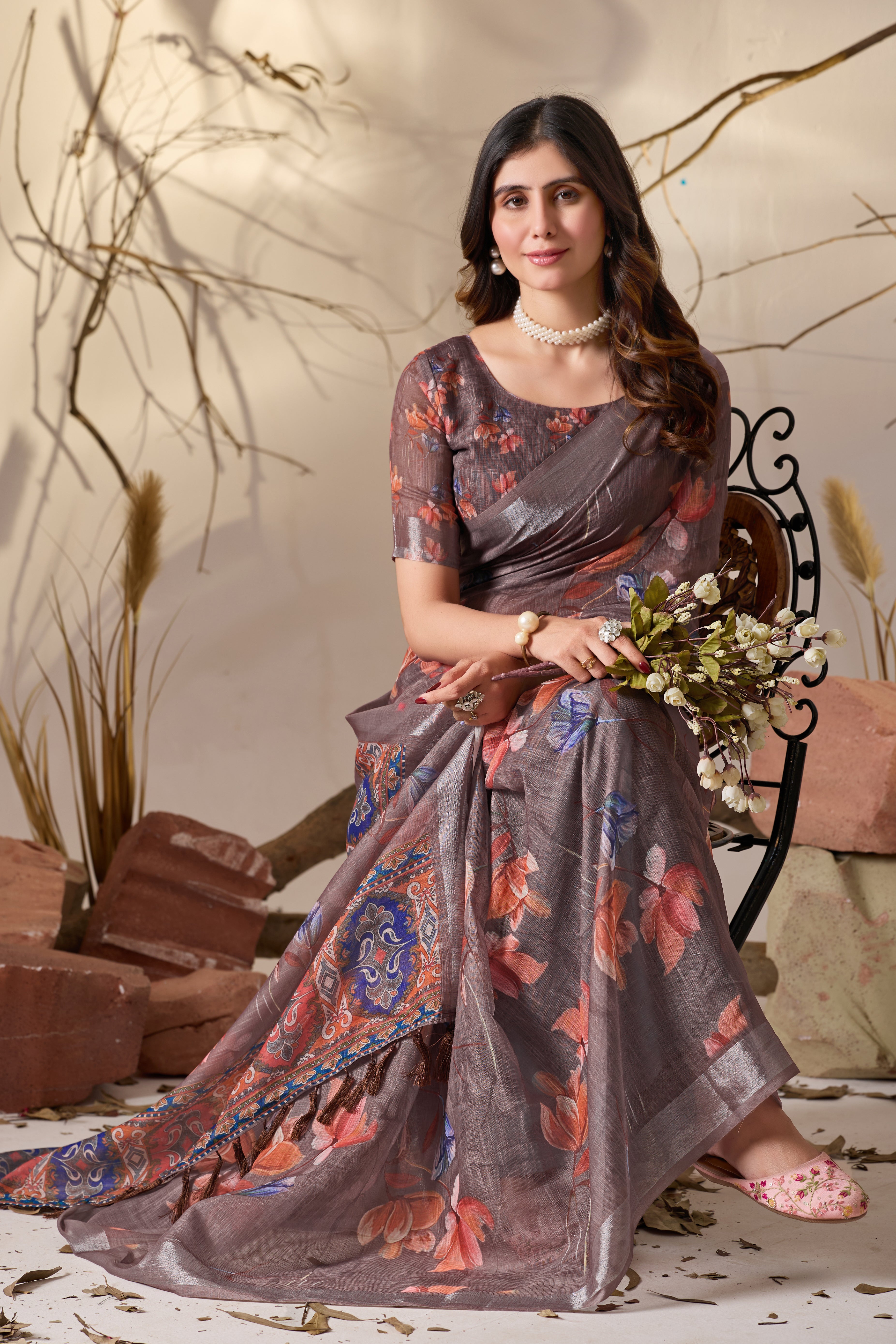 Premium Linen Cotton Saree with Elegant Digital Floral Print & Exquisite Patola Inspired Border Detailing