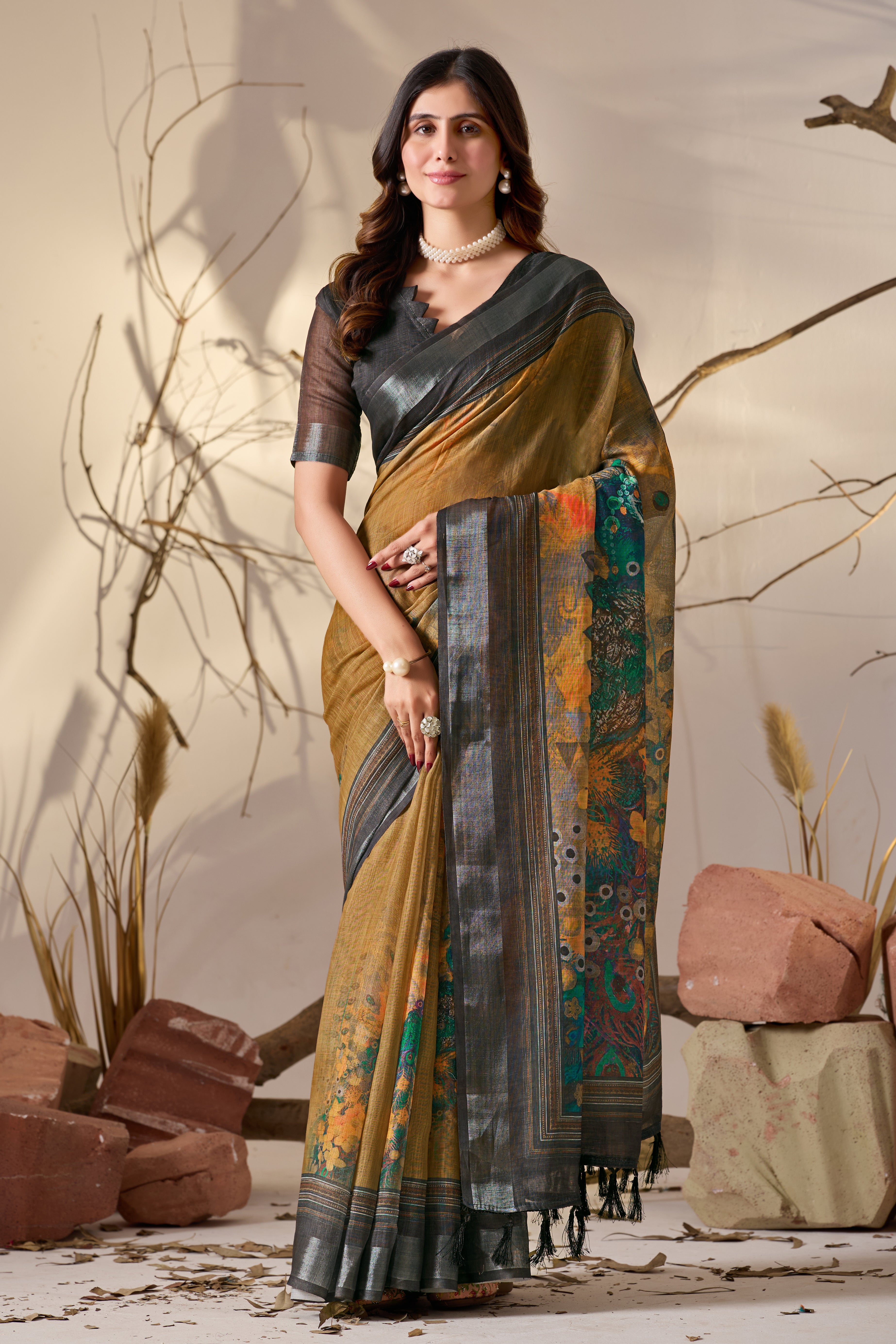 Premium Linen Cotton Saree with Artistic Digital Floral Print & Elegant Traditional Patola Style Border Design