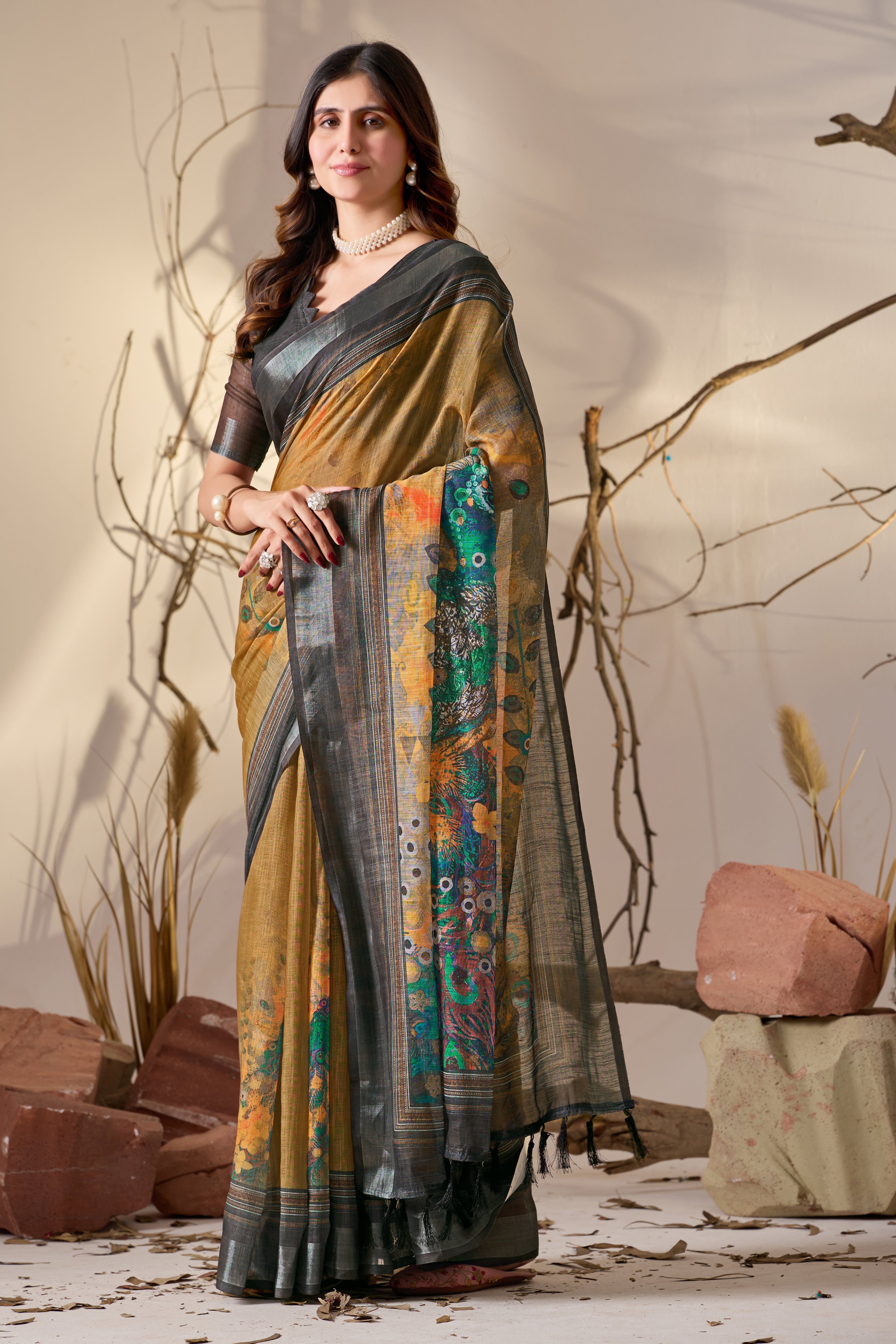 Premium Linen Cotton Saree with Artistic Digital Floral Print & Elegant Traditional Patola Style Border Design
