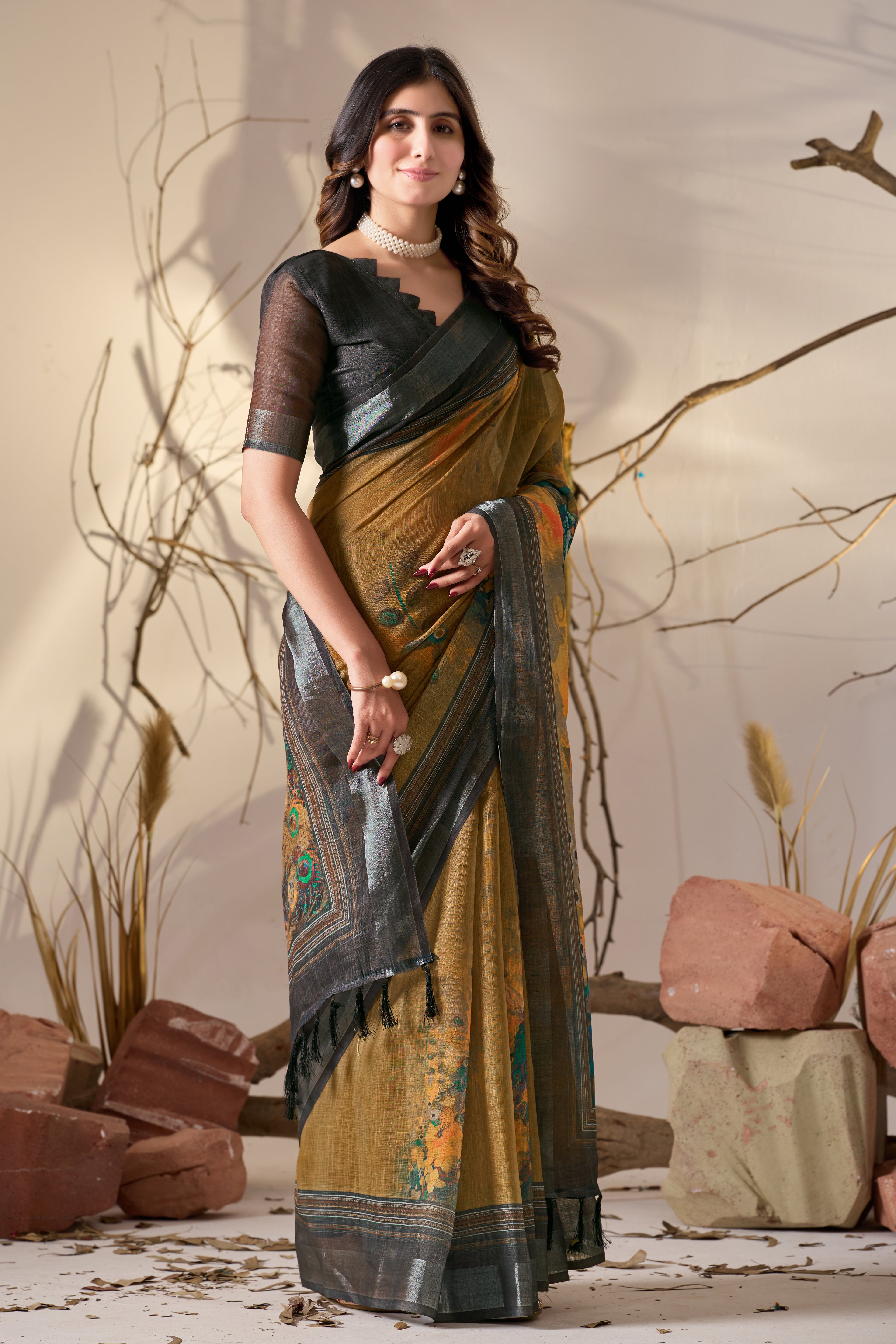 Premium Linen Cotton Saree with Artistic Digital Floral Print & Elegant Traditional Patola Style Border Design