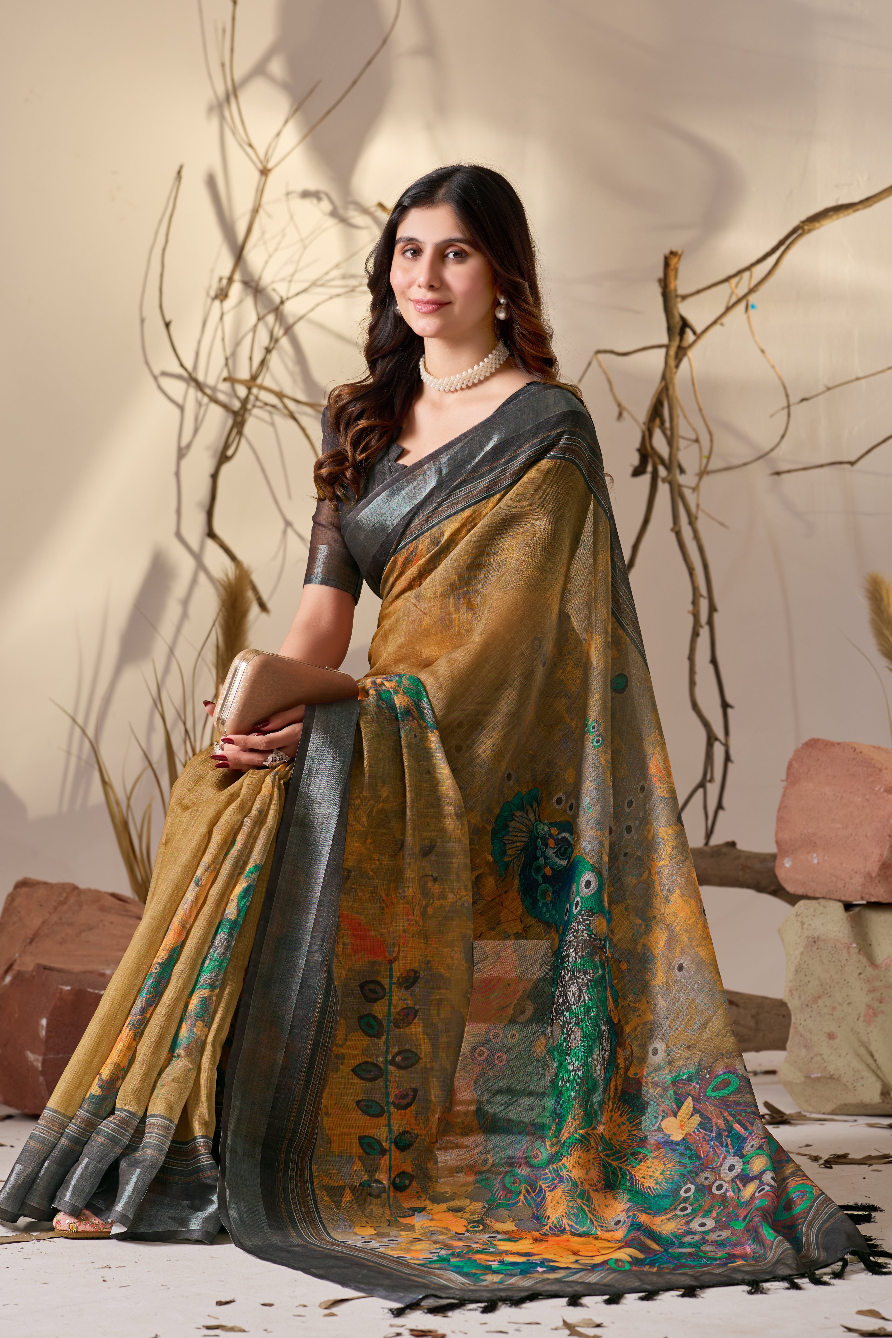 Premium Linen Cotton Saree with Artistic Digital Floral Print & Elegant Traditional Patola Style Border Design