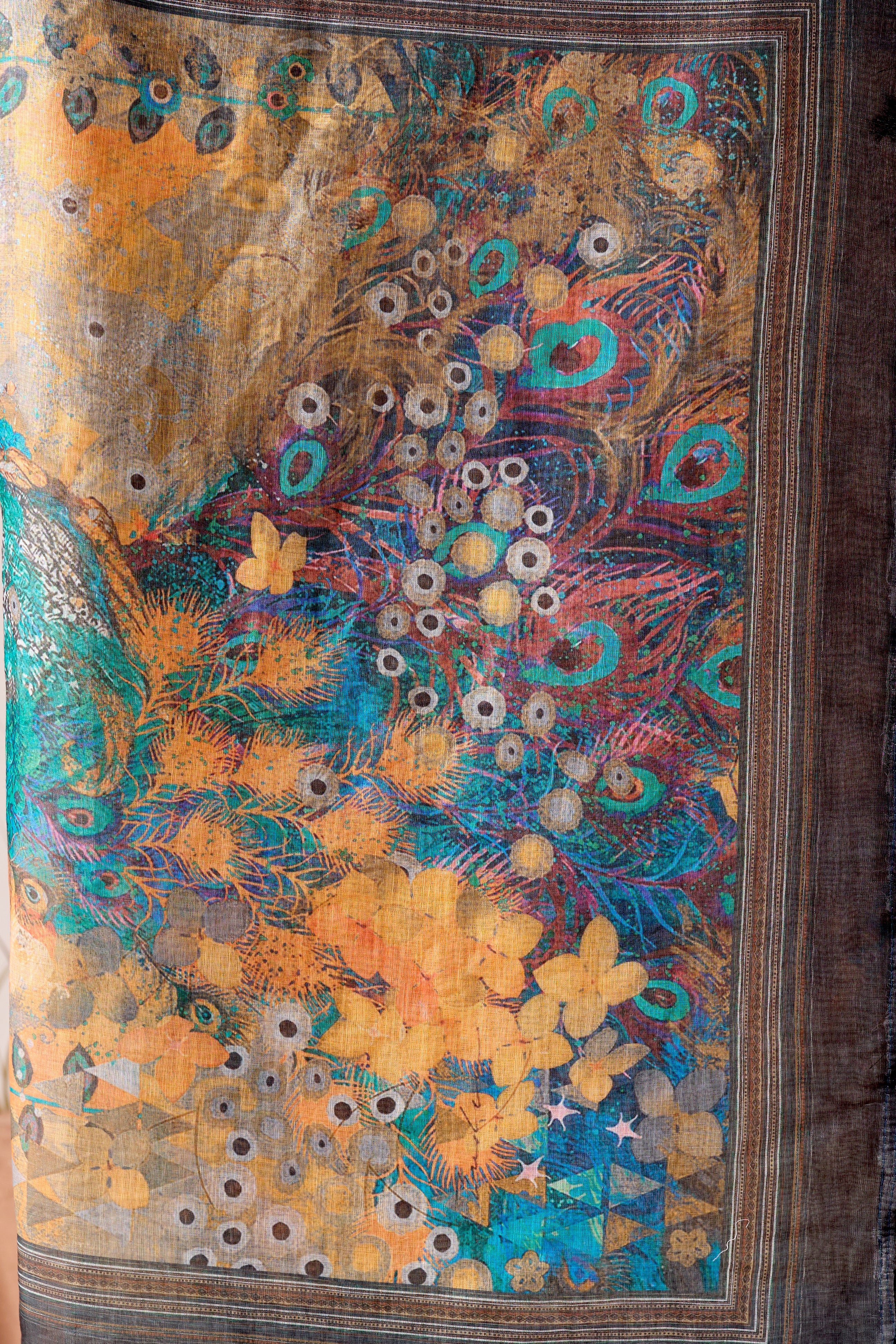 Premium Linen Cotton Saree with Artistic Digital Floral Print & Elegant Traditional Patola Style Border Design