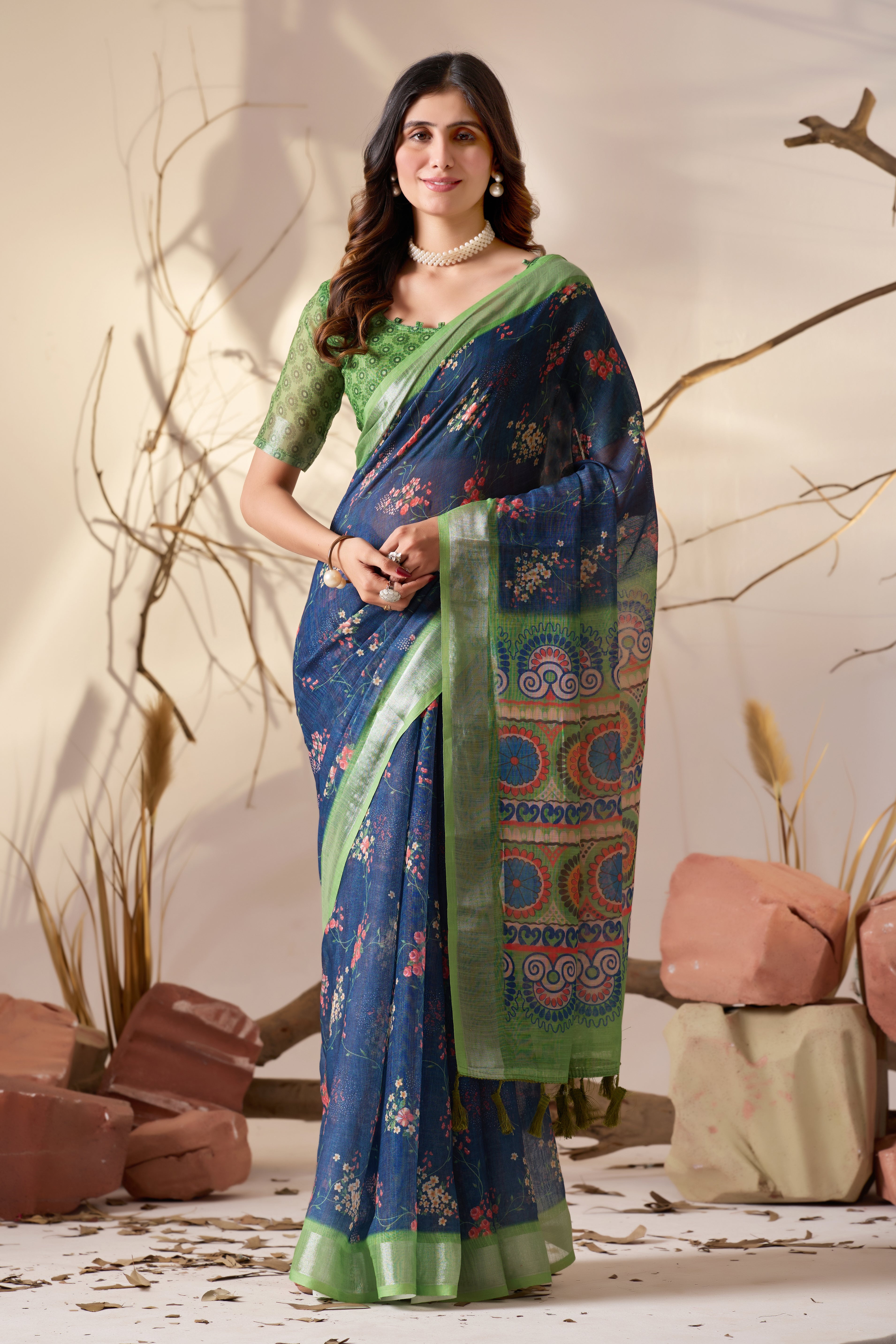Premium Linen Cotton Saree with Elegant Navy Blue Floral Digital Print & Graceful Patola Inspired Pallu Border Design