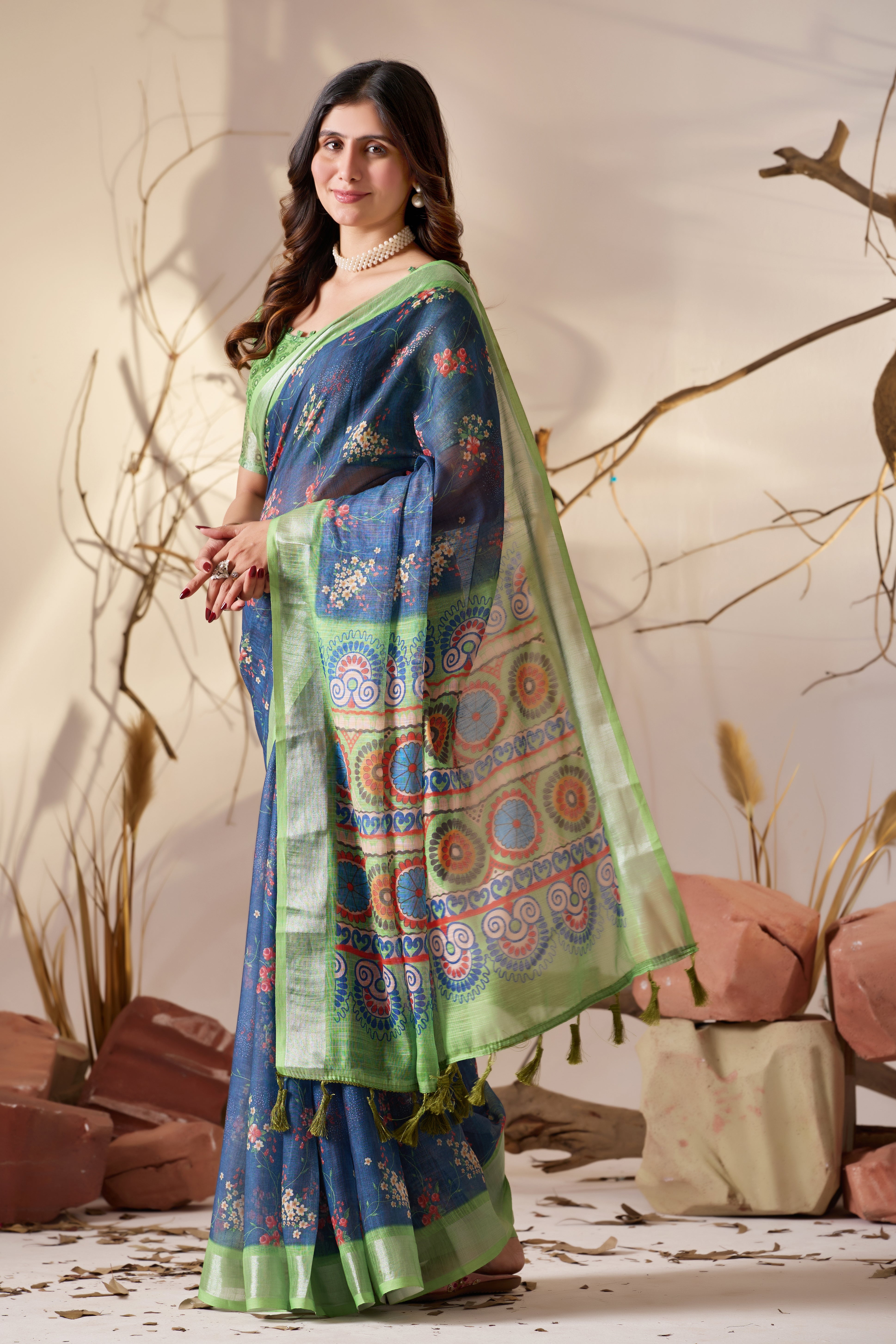Premium Linen Cotton Saree with Elegant Navy Blue Floral Digital Print & Graceful Patola Inspired Pallu Border Design