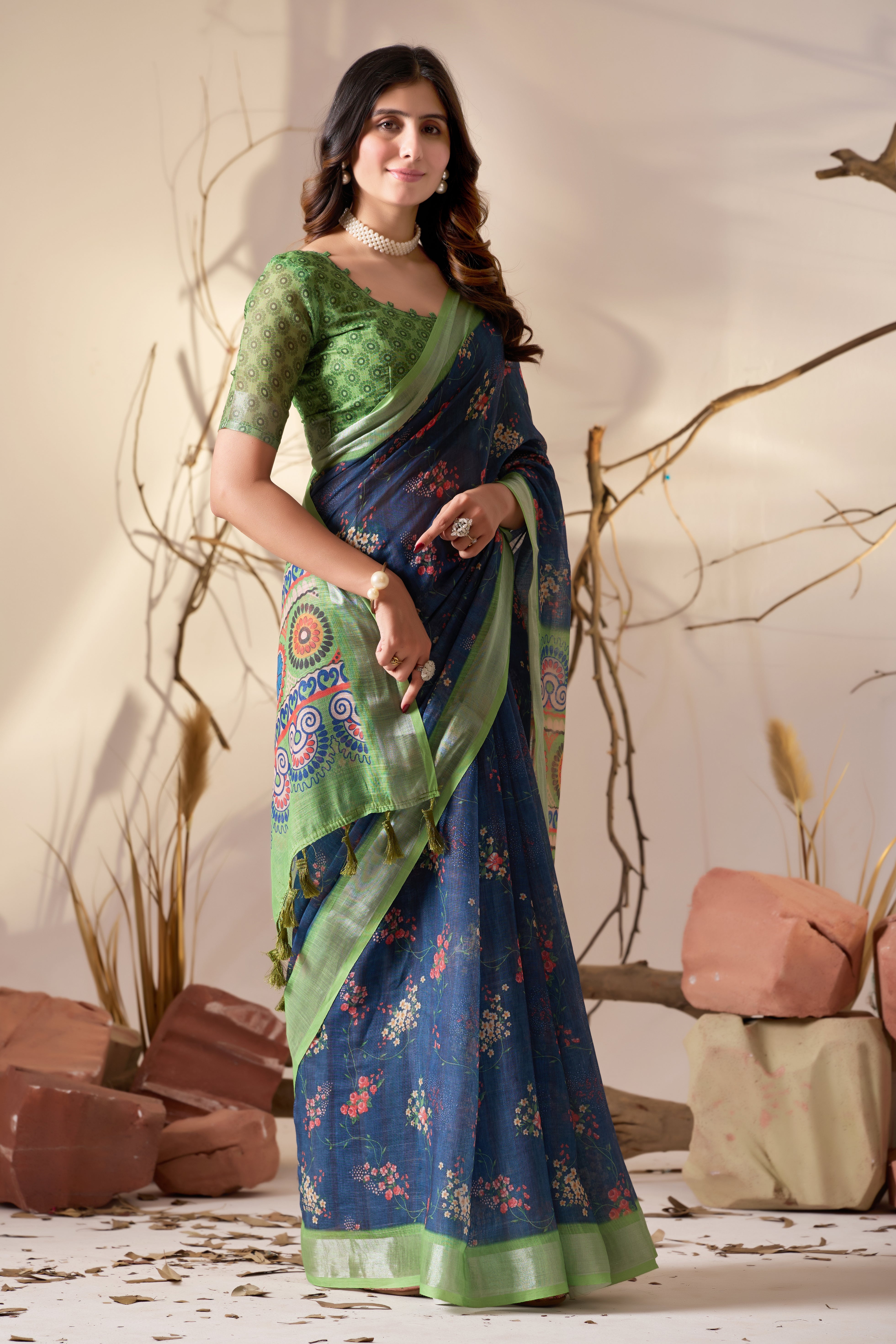 Premium Linen Cotton Saree with Elegant Navy Blue Floral Digital Print & Graceful Patola Inspired Pallu Border Design
