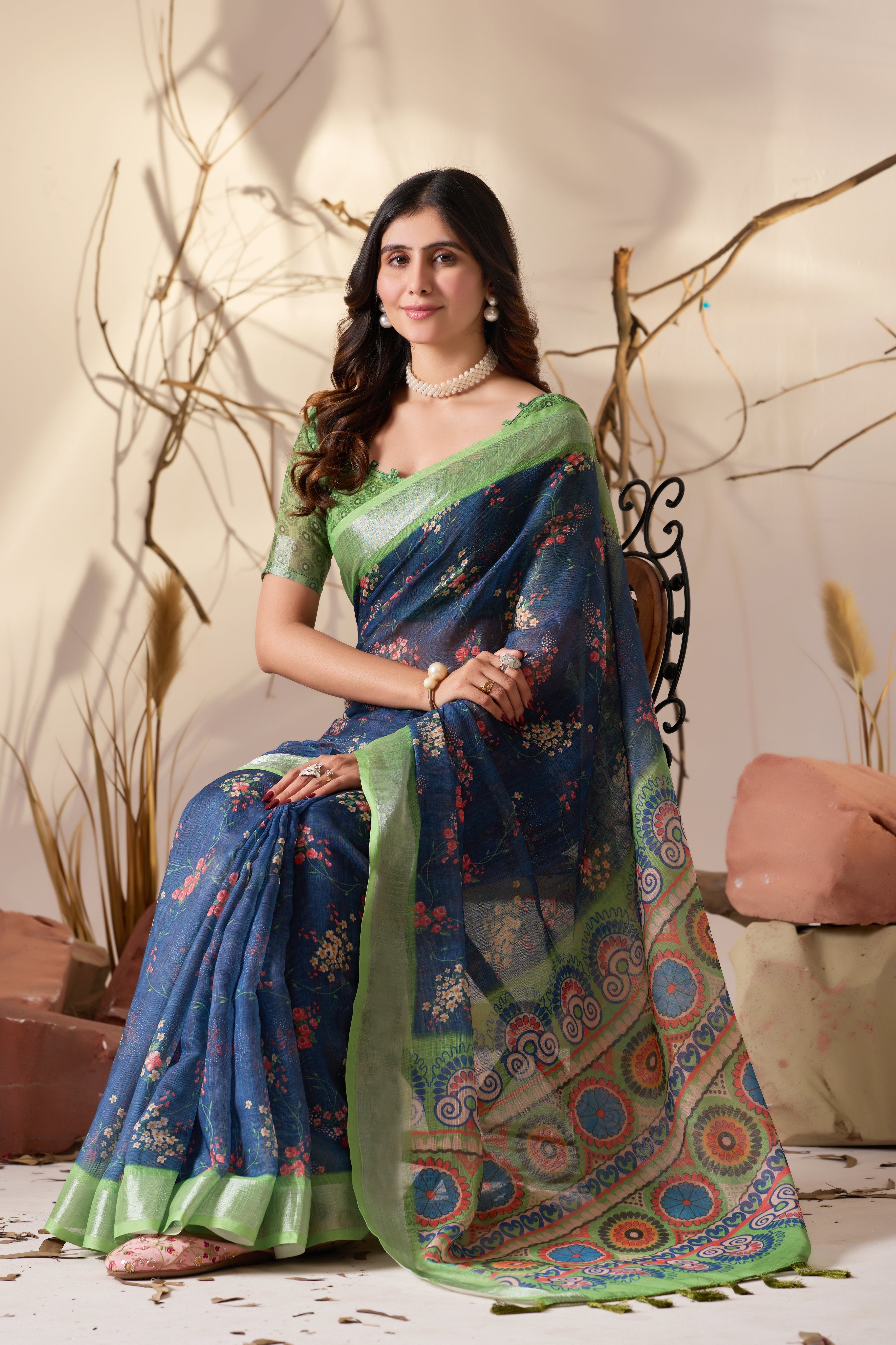 Premium Linen Cotton Saree with Elegant Navy Blue Floral Digital Print & Graceful Patola Inspired Pallu Border Design