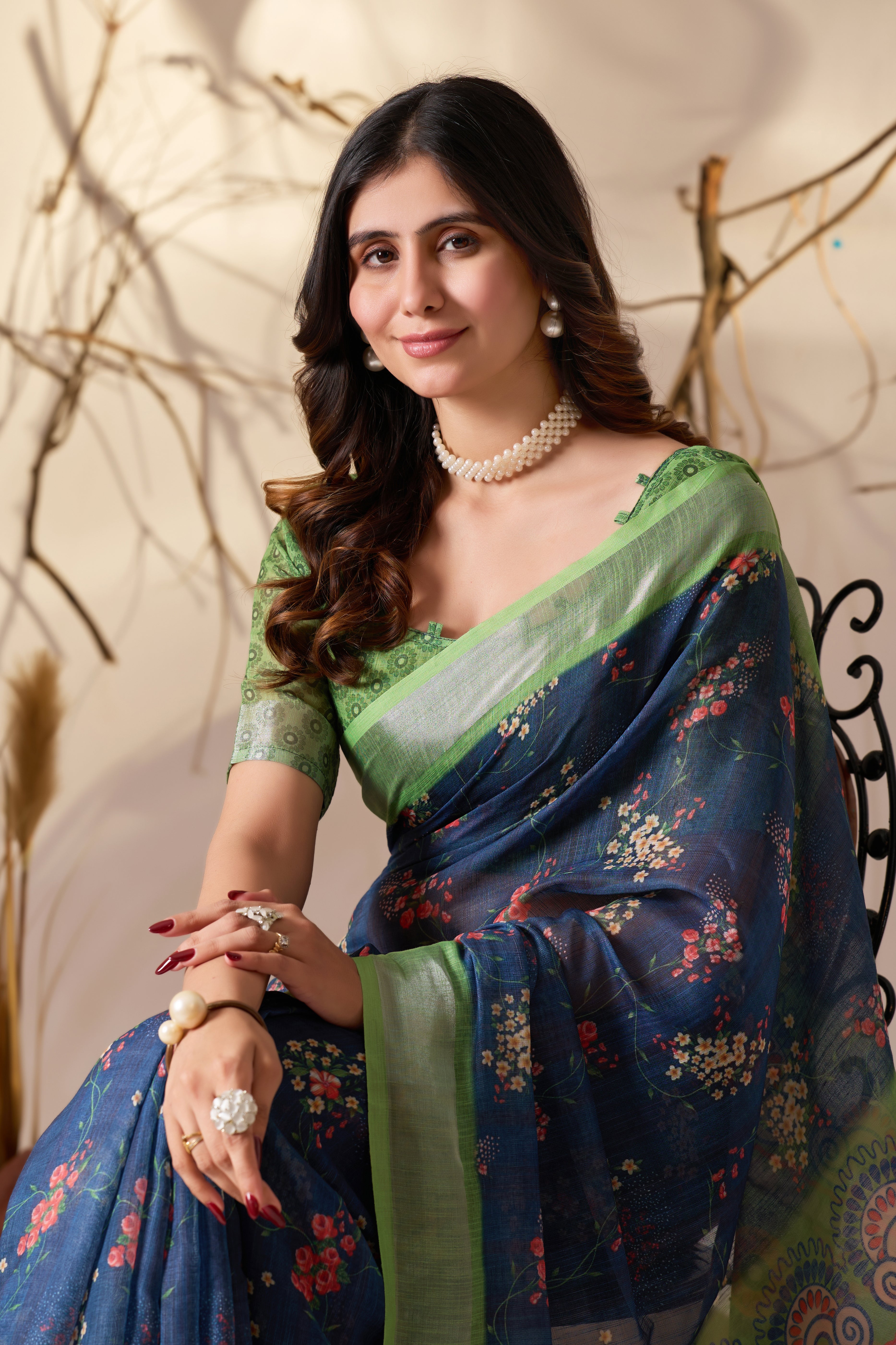 Premium Linen Cotton Saree with Elegant Navy Blue Floral Digital Print & Graceful Patola Inspired Pallu Border Design