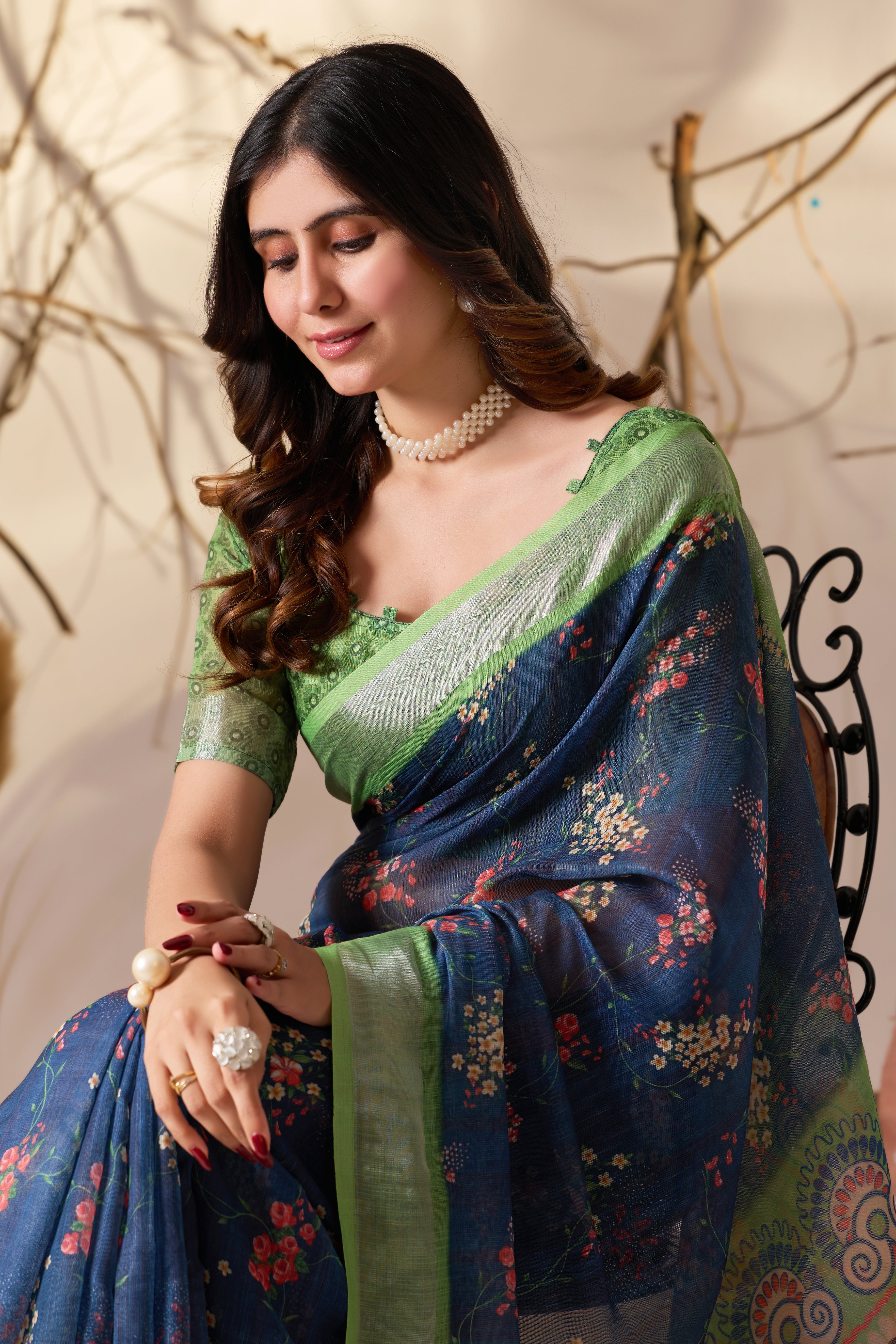 Premium Linen Cotton Saree with Elegant Navy Blue Floral Digital Print & Graceful Patola Inspired Pallu Border Design