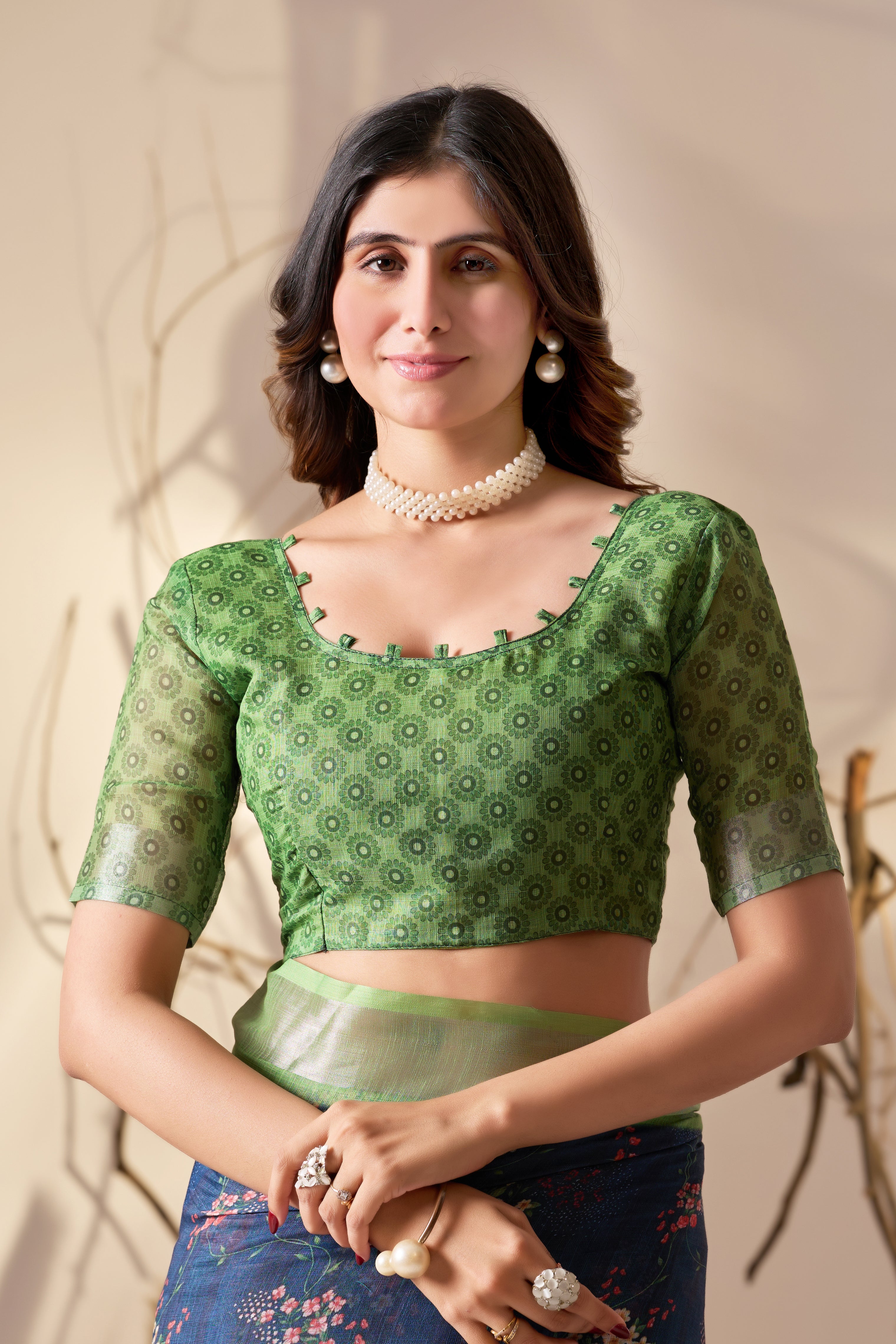 Premium Linen Cotton Saree with Elegant Navy Blue Floral Digital Print & Graceful Patola Inspired Pallu Border Design