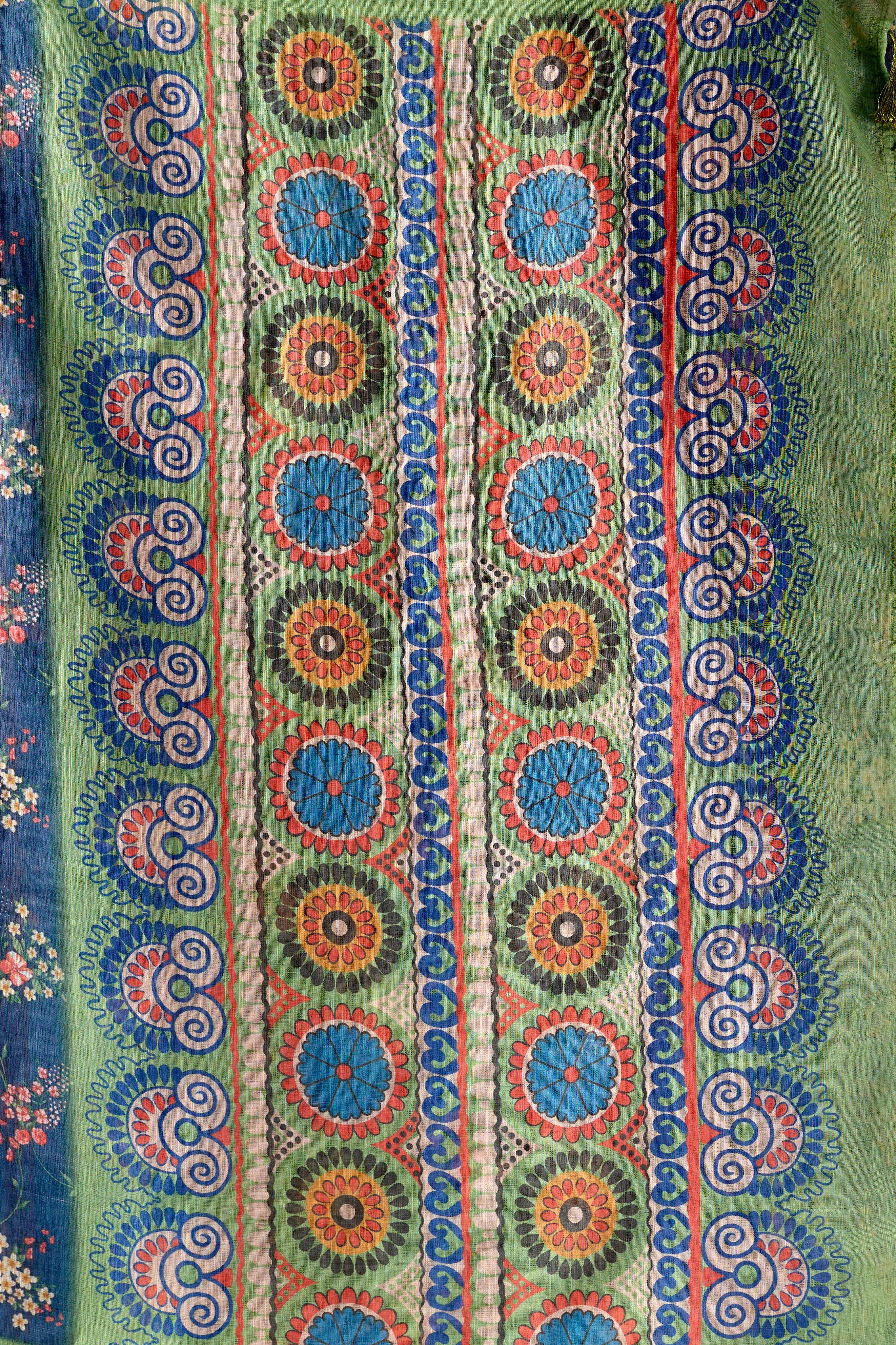 Premium Linen Cotton Saree with Elegant Navy Blue Floral Digital Print & Graceful Patola Inspired Pallu Border Design