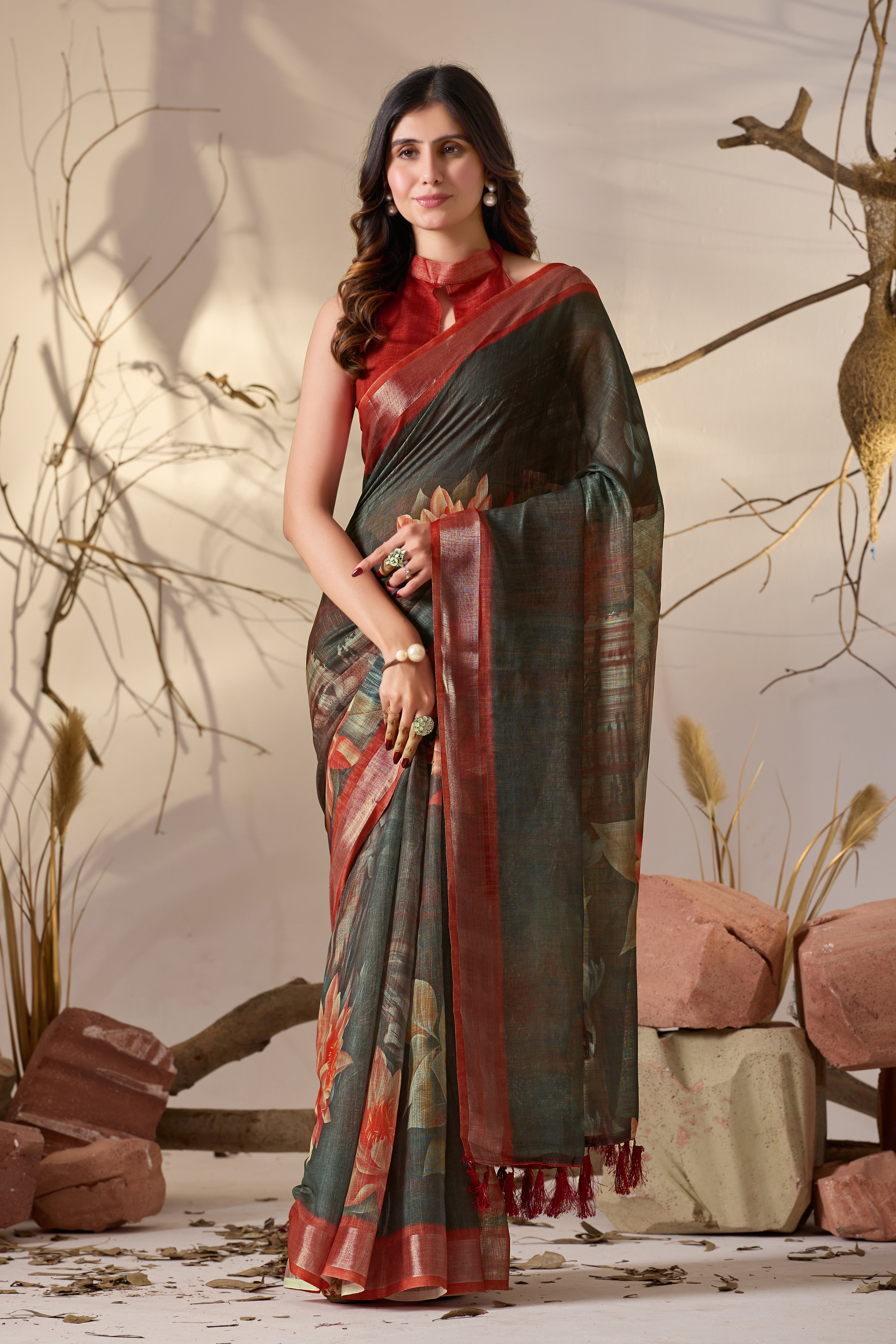 Premium Linen Cotton Saree with Artistic Dark Shade Floral Digital Print & Elegant Rust Red Border with Tassel Detailing