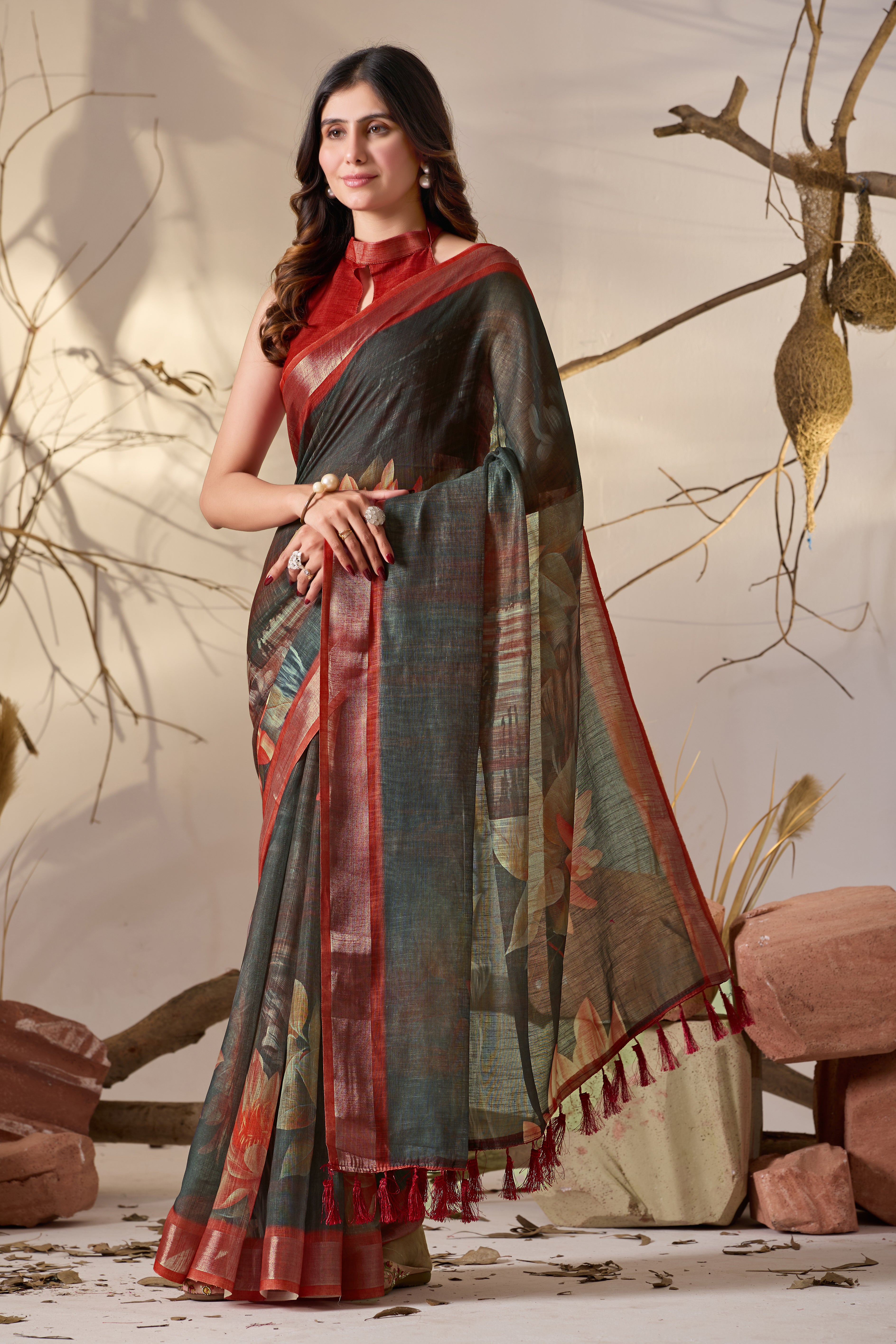 Premium Linen Cotton Saree with Artistic Dark Shade Floral Digital Print & Elegant Rust Red Border with Tassel Detailing