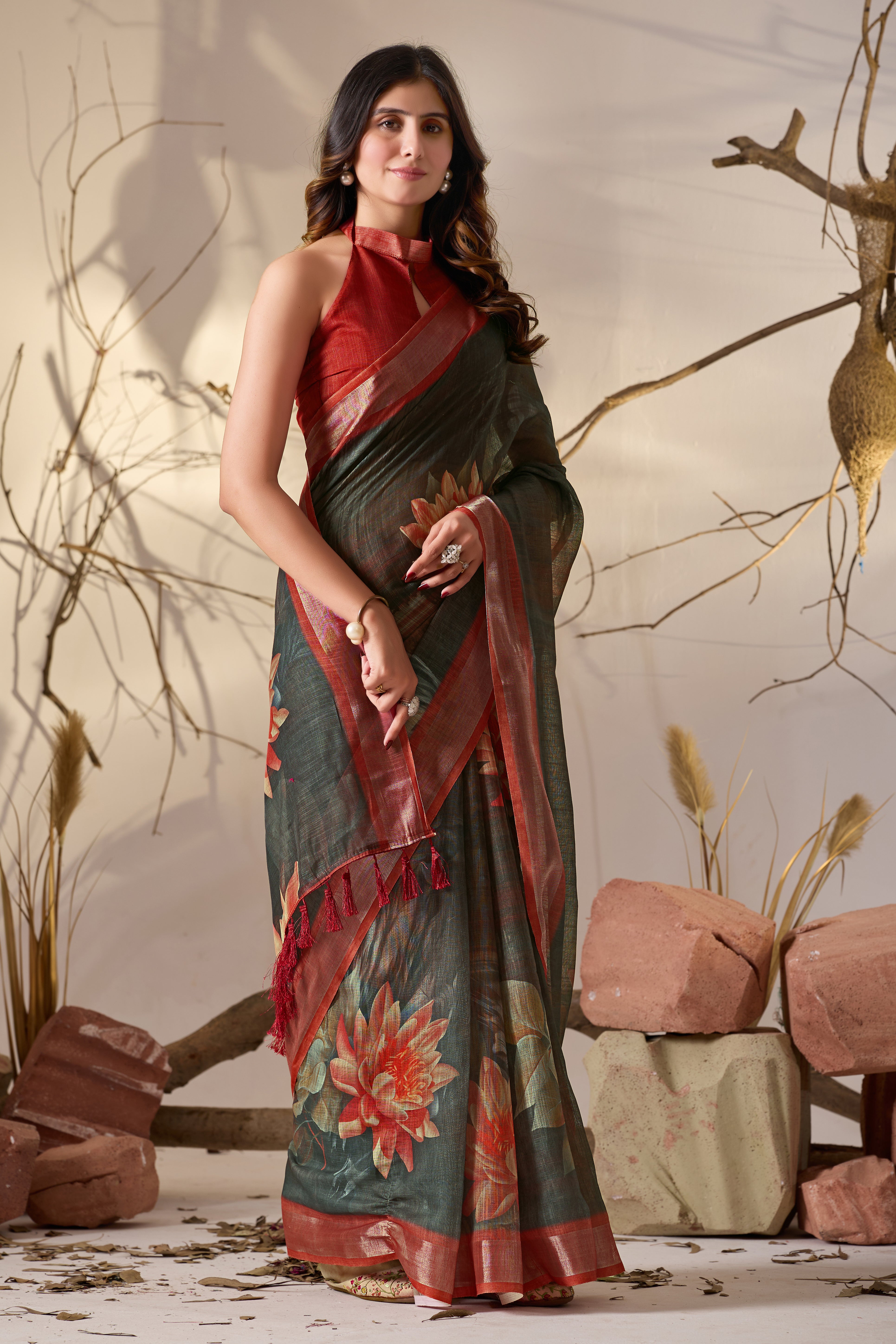 Premium Linen Cotton Saree with Artistic Dark Shade Floral Digital Print & Elegant Rust Red Border with Tassel Detailing