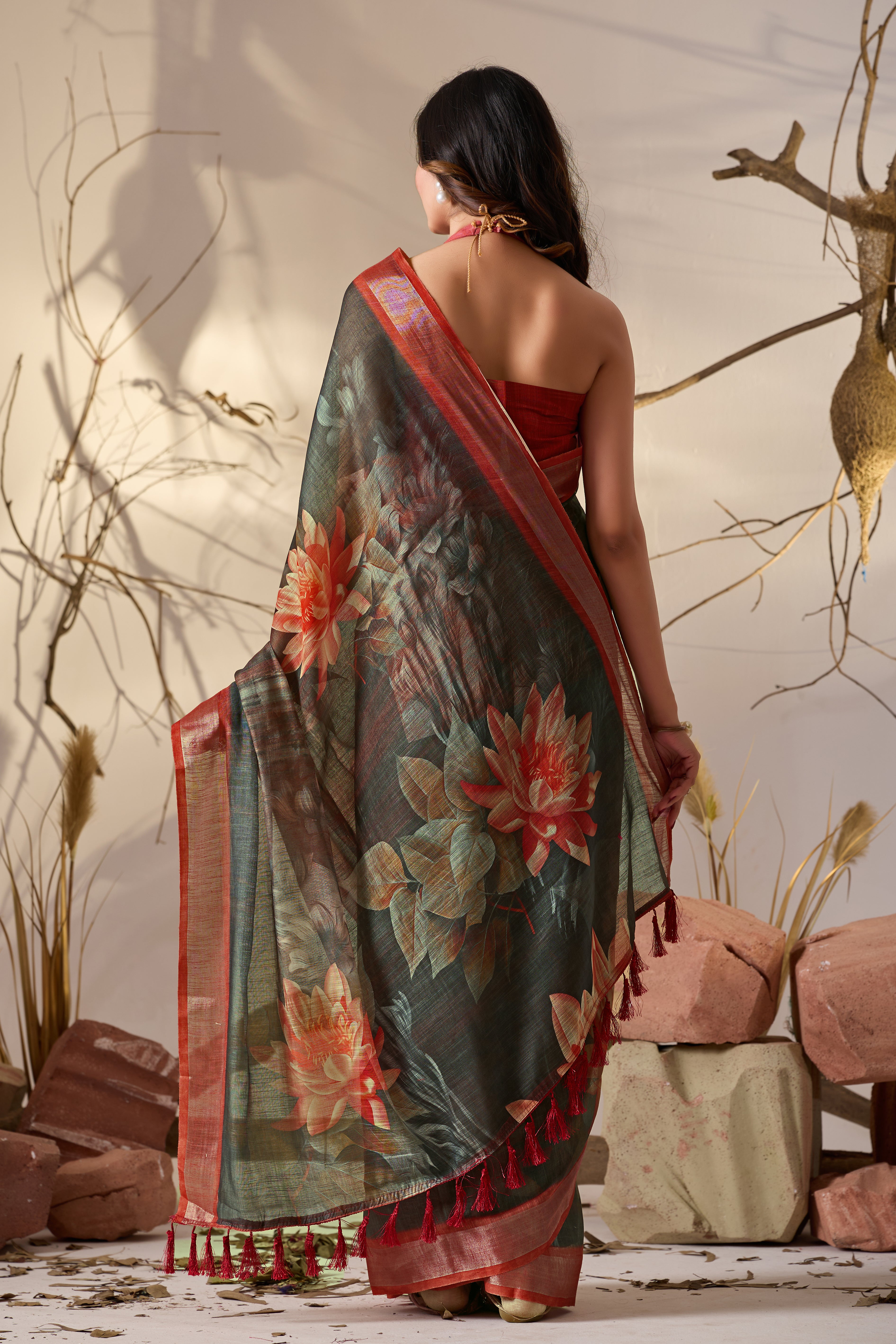 Premium Linen Cotton Saree with Artistic Dark Shade Floral Digital Print & Elegant Rust Red Border with Tassel Detailing
