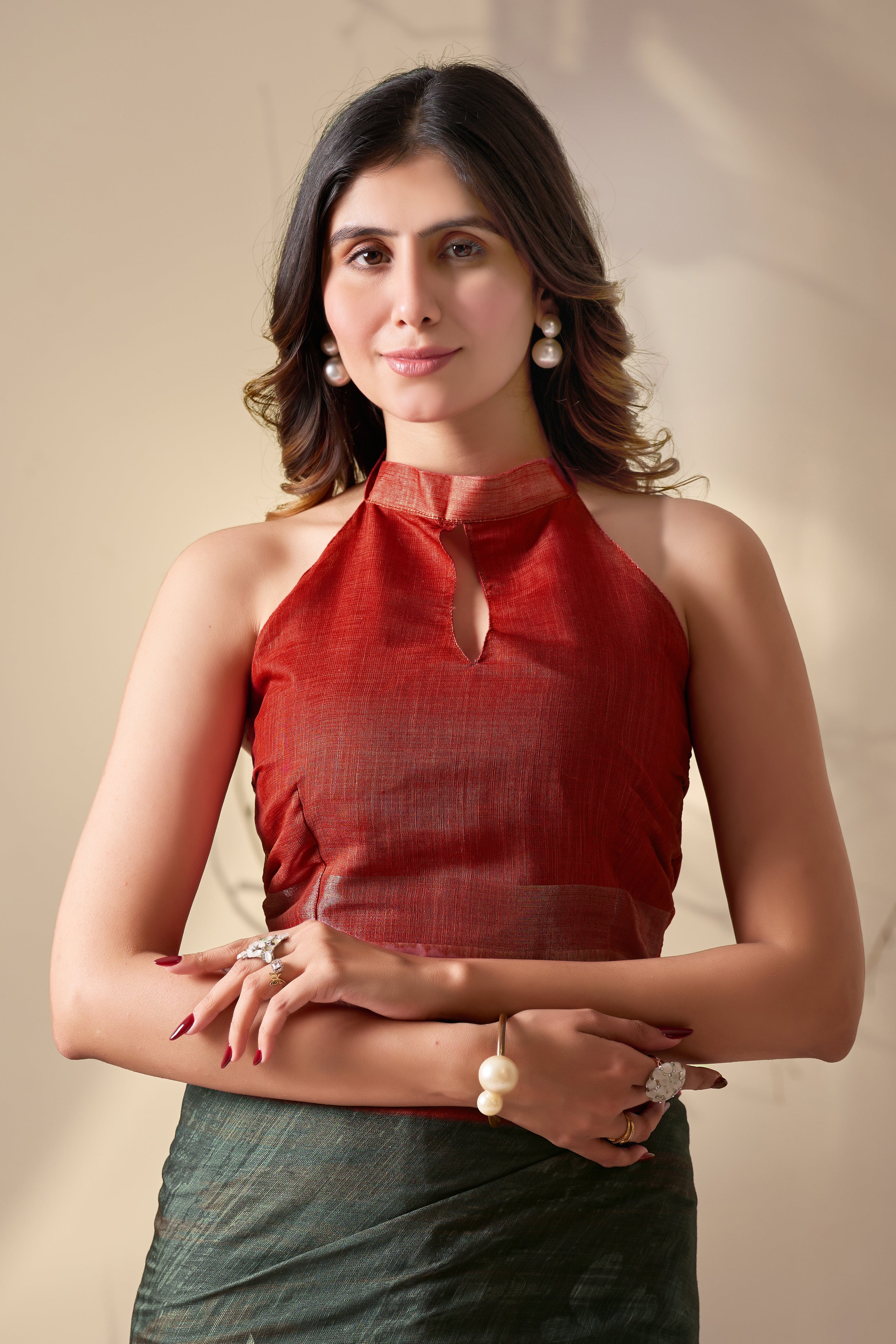 Premium Linen Cotton Saree with Artistic Dark Shade Floral Digital Print & Elegant Rust Red Border with Tassel Detailing