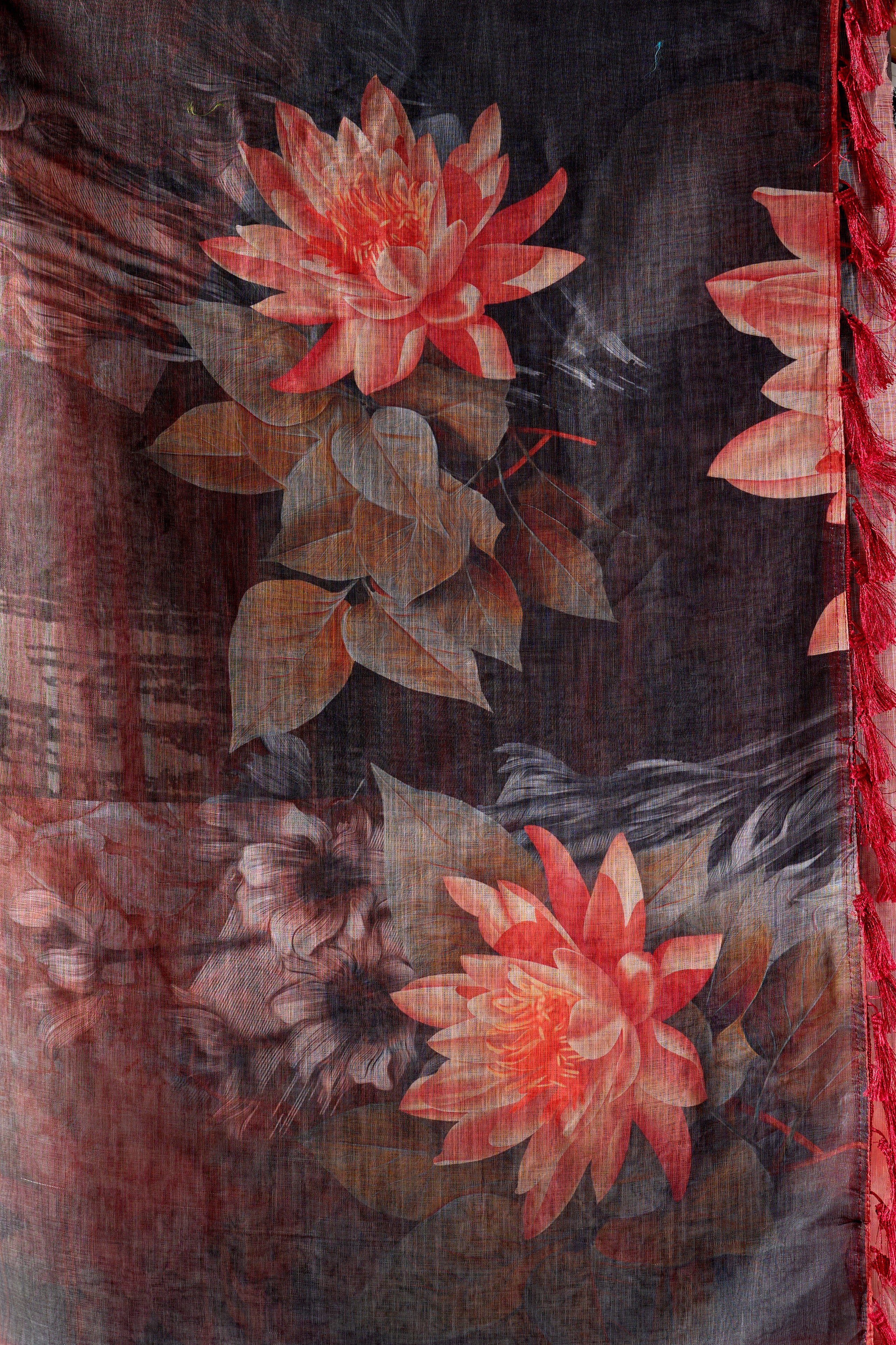 Premium Linen Cotton Saree with Artistic Dark Shade Floral Digital Print & Elegant Rust Red Border with Tassel Detailing