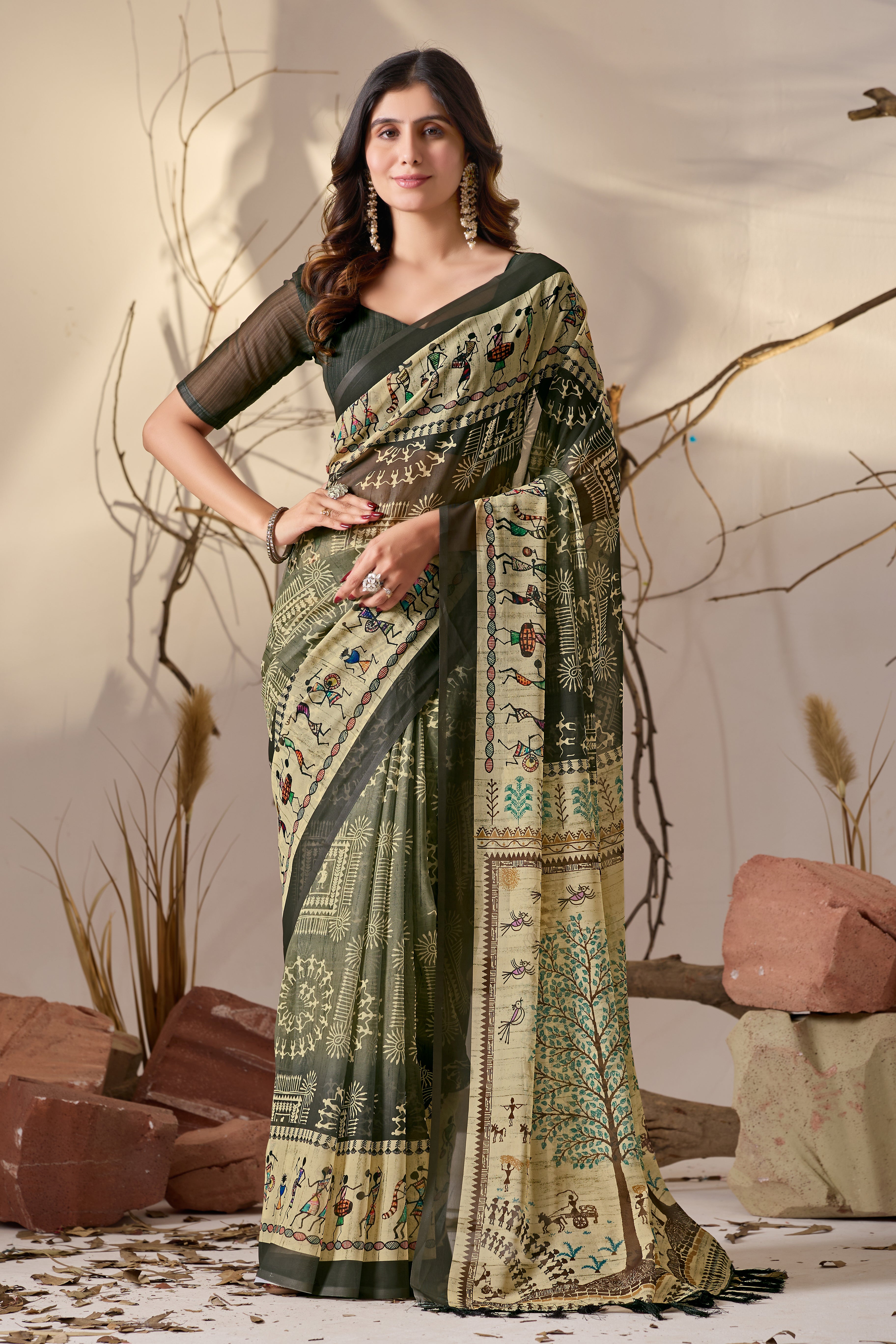Soft Georgette Saree in Olive Green with Traditional Tribal Warli-Inspired Digital Prints and Rich Beige Panels