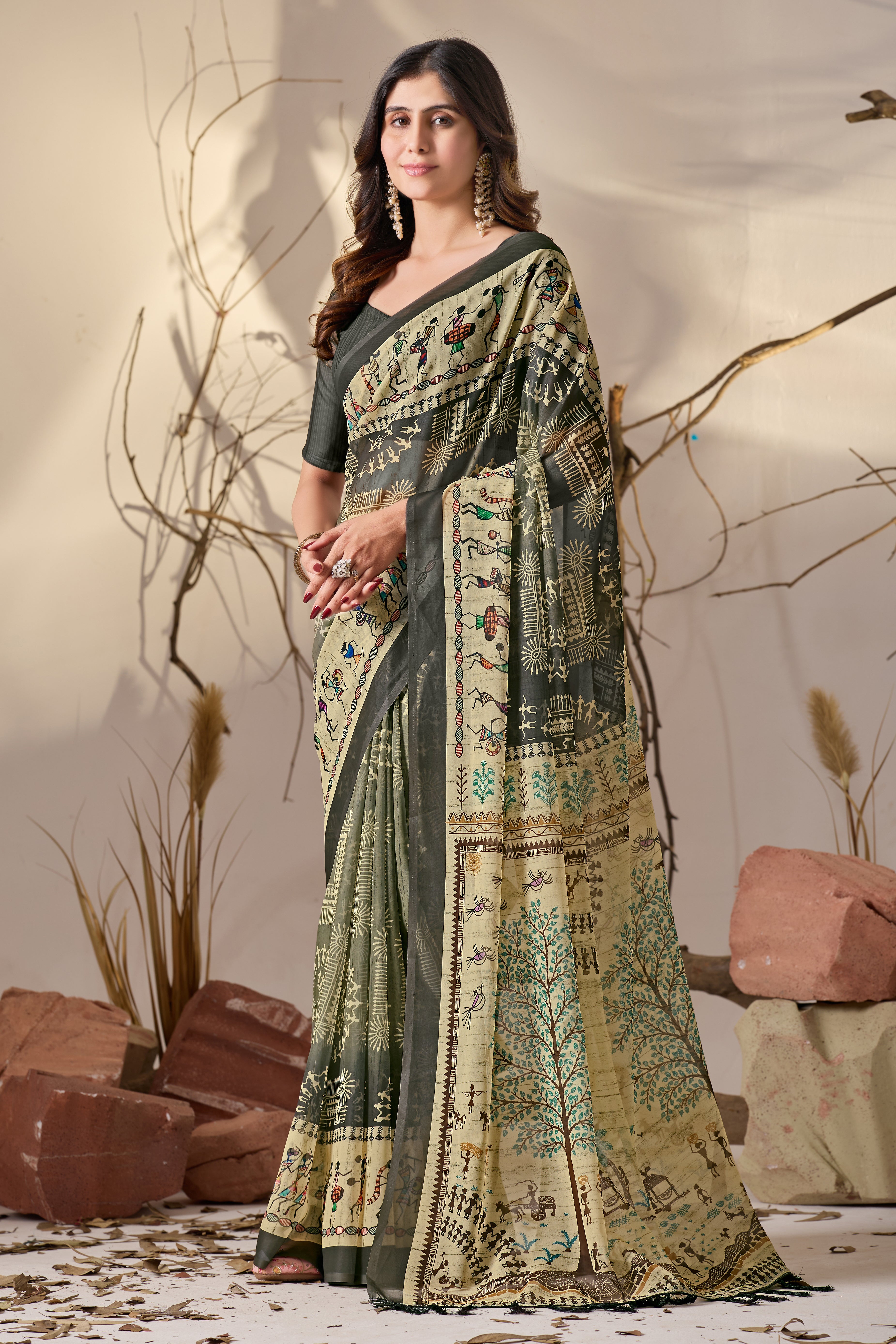 Soft Georgette Saree in Olive Green with Traditional Tribal Warli-Inspired Digital Prints and Rich Beige Panels