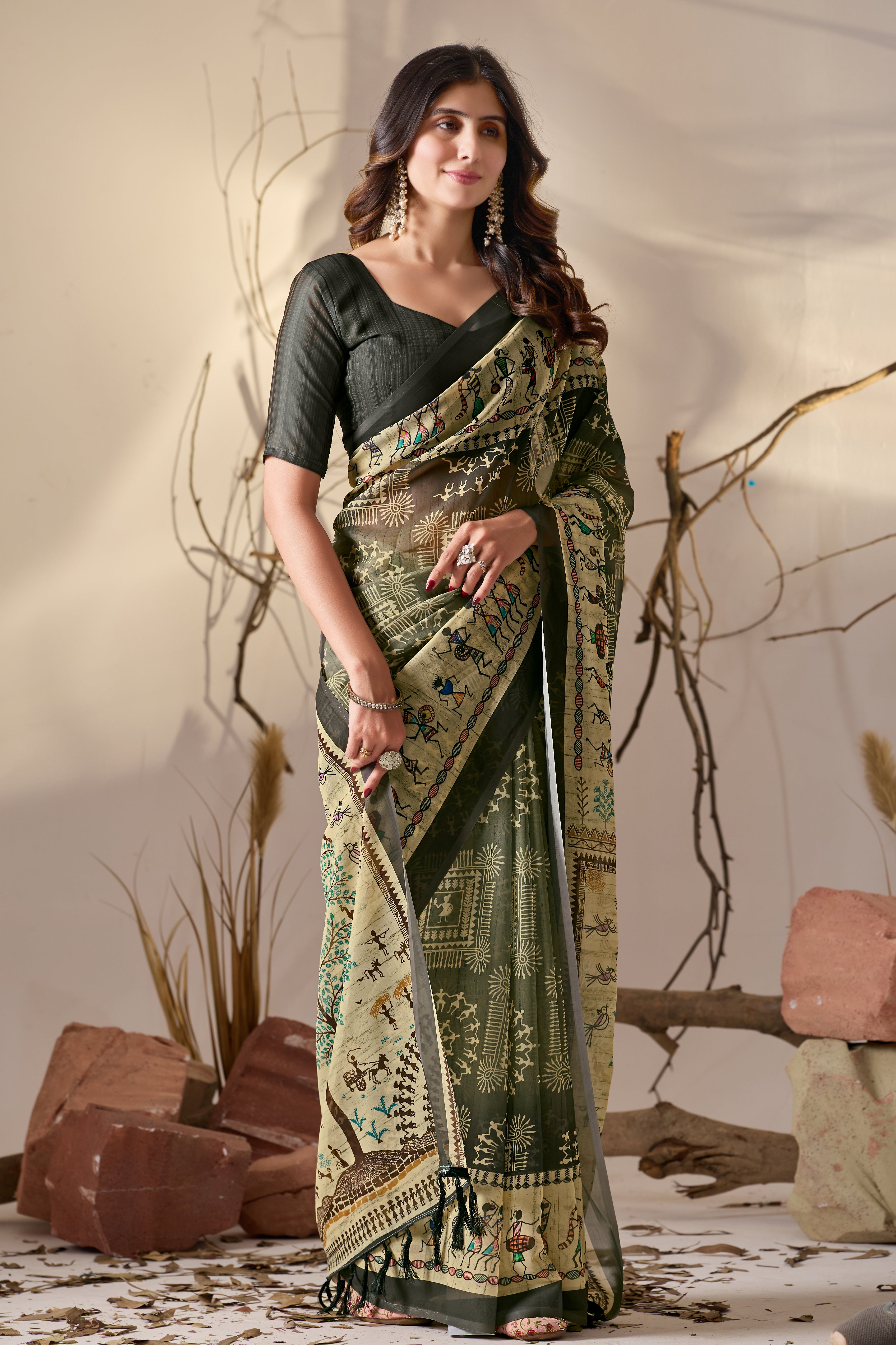 Soft Georgette Saree in Olive Green with Traditional Tribal Warli-Inspired Digital Prints and Rich Beige Panels
