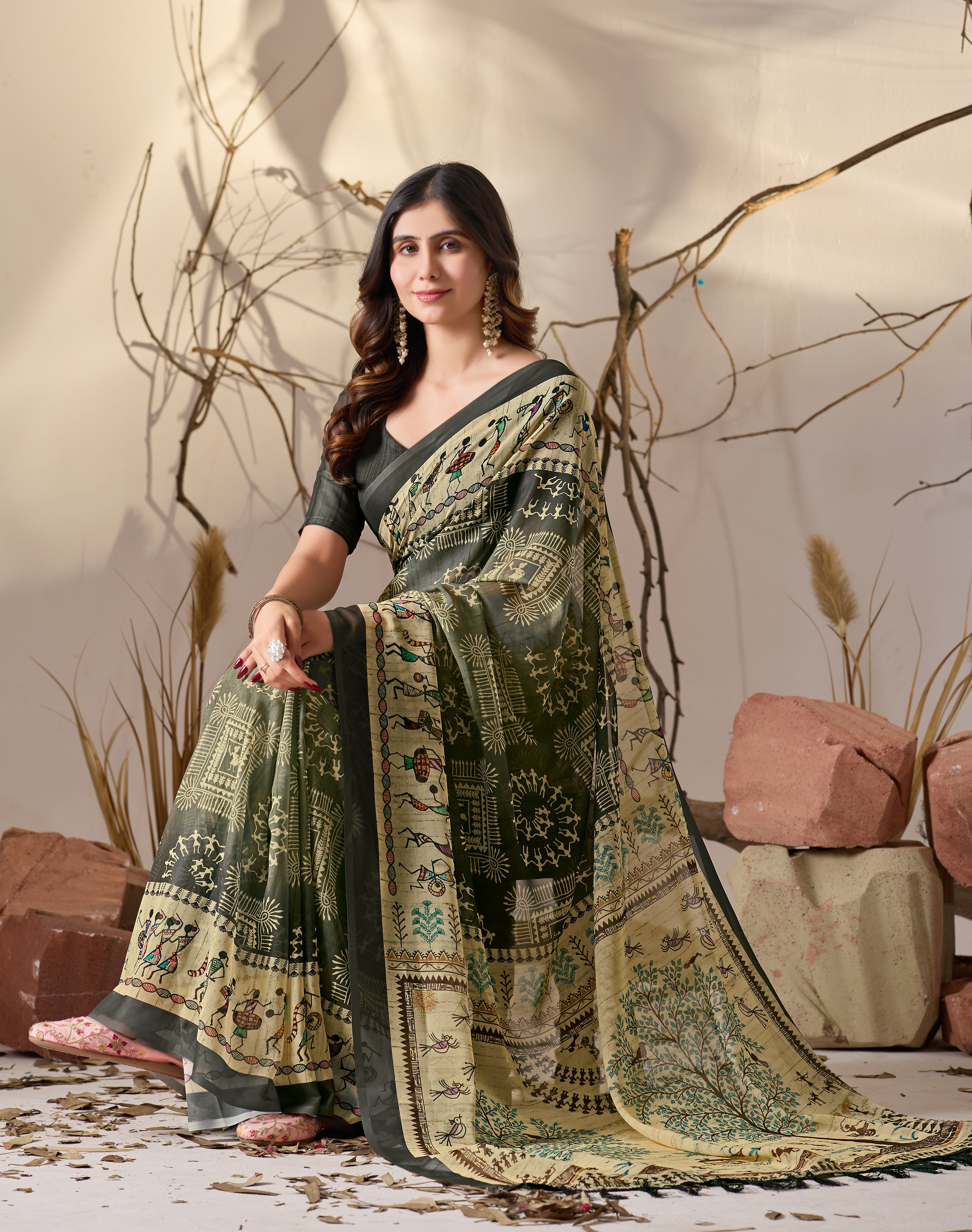 Soft Georgette Saree in Olive Green with Traditional Tribal Warli-Inspired Digital Prints and Rich Beige Panels
