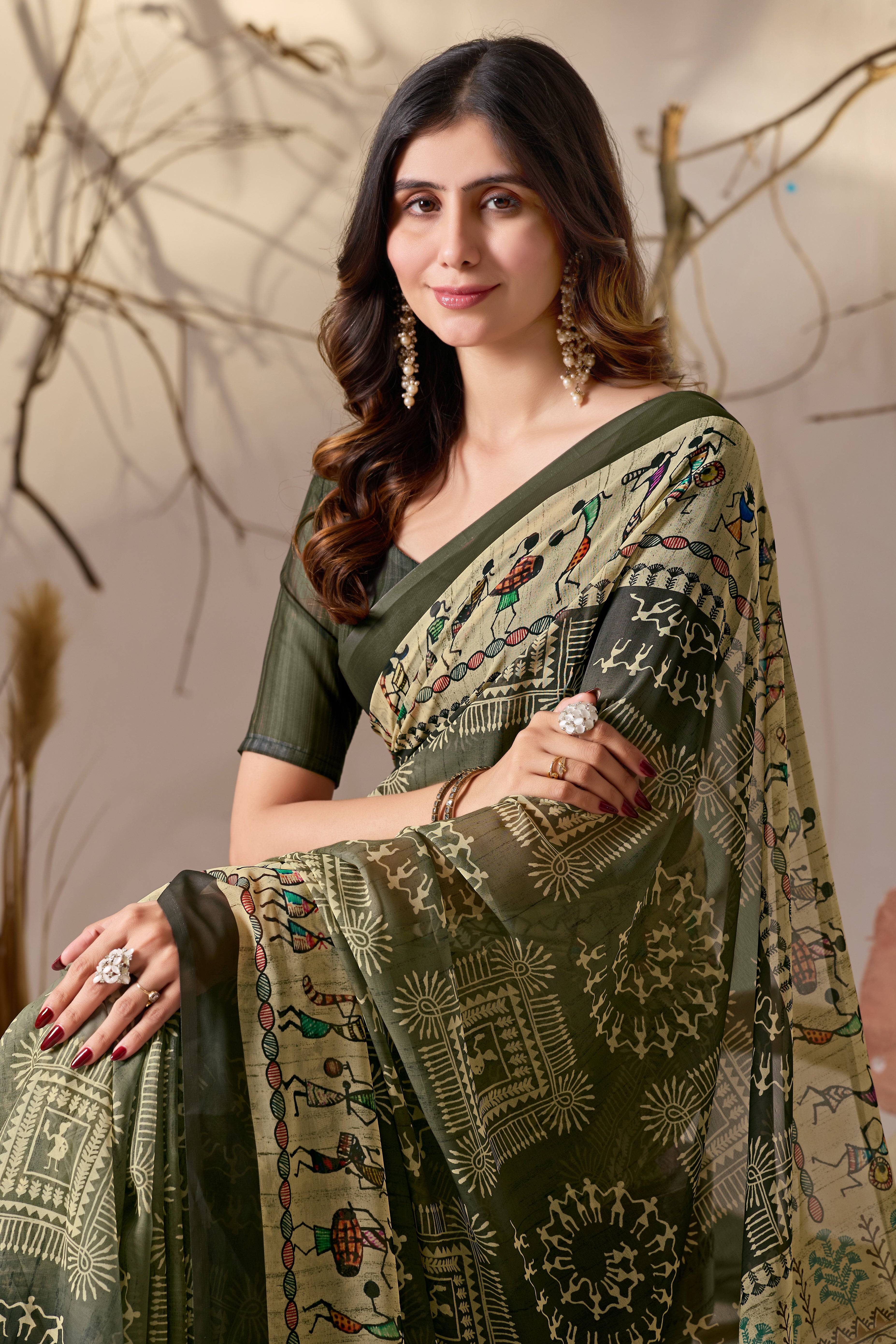 Soft Georgette Saree in Olive Green with Traditional Tribal Warli-Inspired Digital Prints and Rich Beige Panels