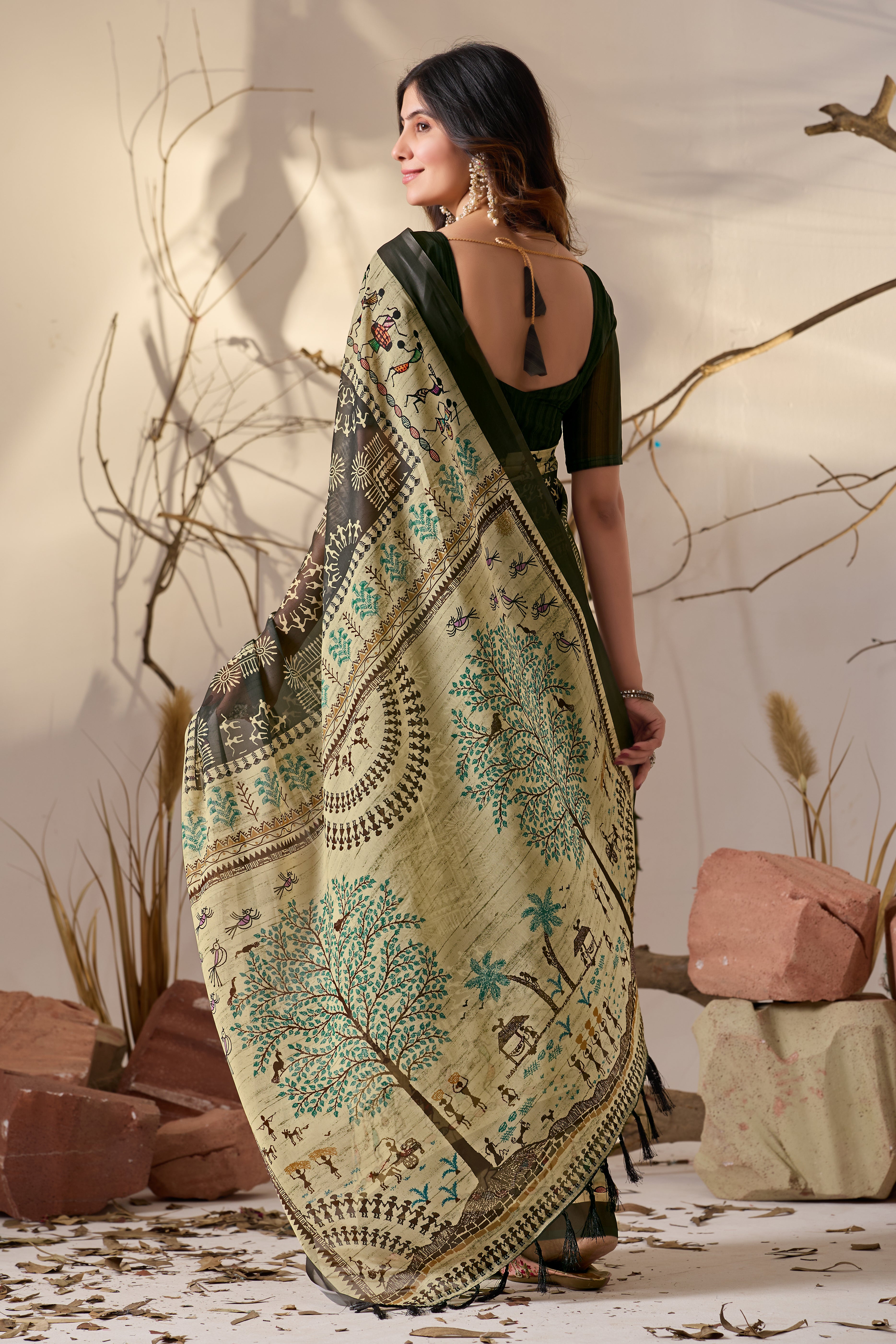 Soft Georgette Saree in Olive Green with Traditional Tribal Warli-Inspired Digital Prints and Rich Beige Panels
