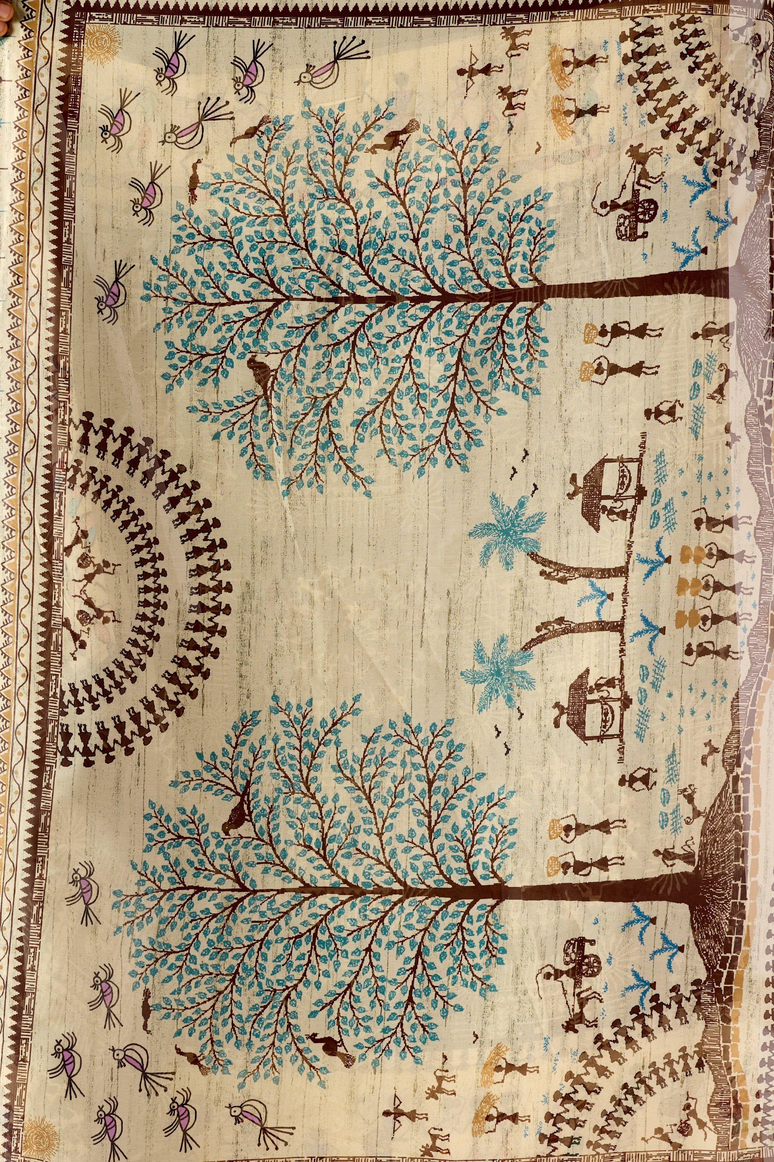 Soft Georgette Saree in Olive Green with Traditional Tribal Warli-Inspired Digital Prints and Rich Beige Panels