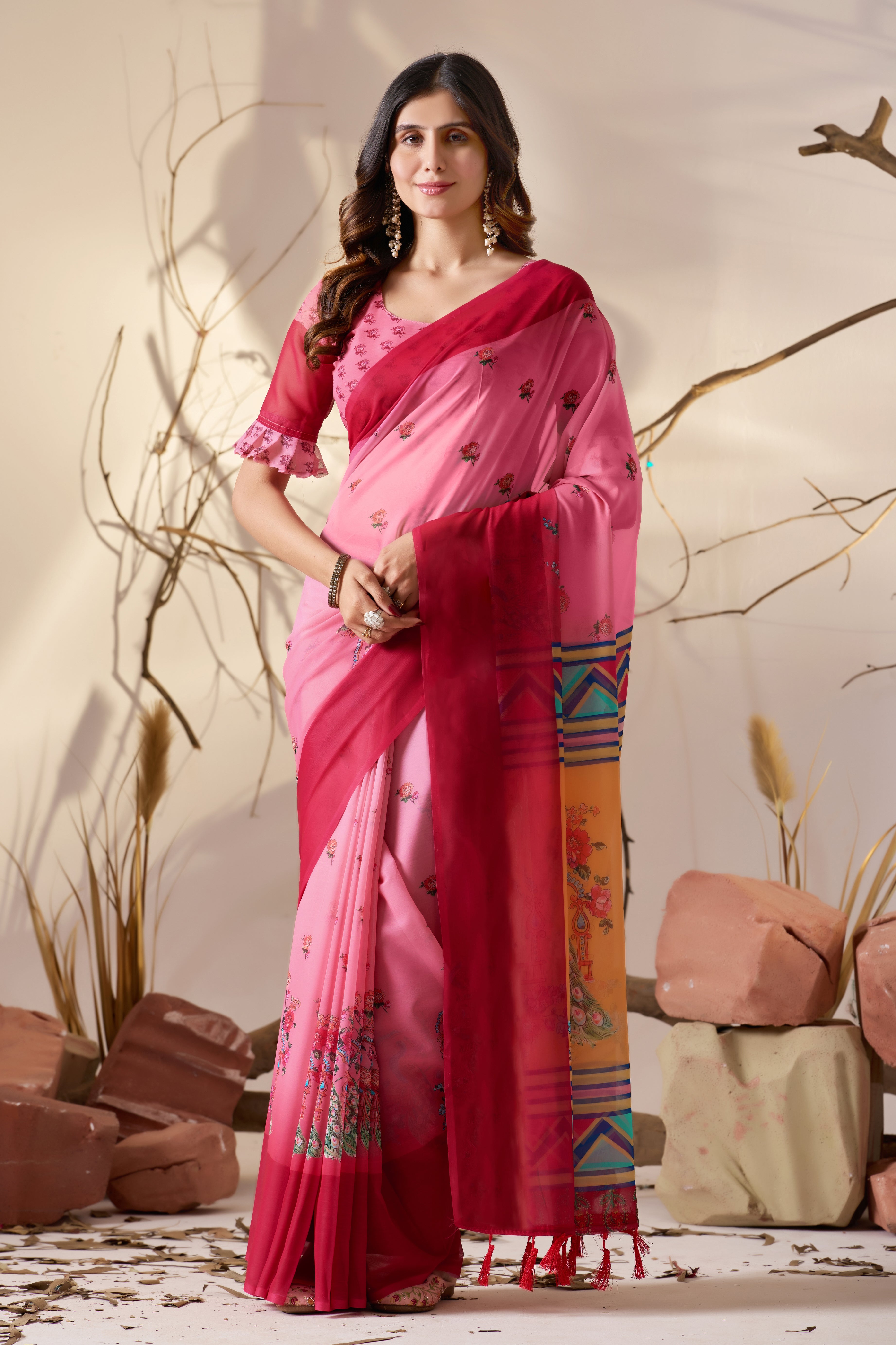 Soft Georgette Saree in Dual Pink Shades Accented with Delicate Floral Digital Print