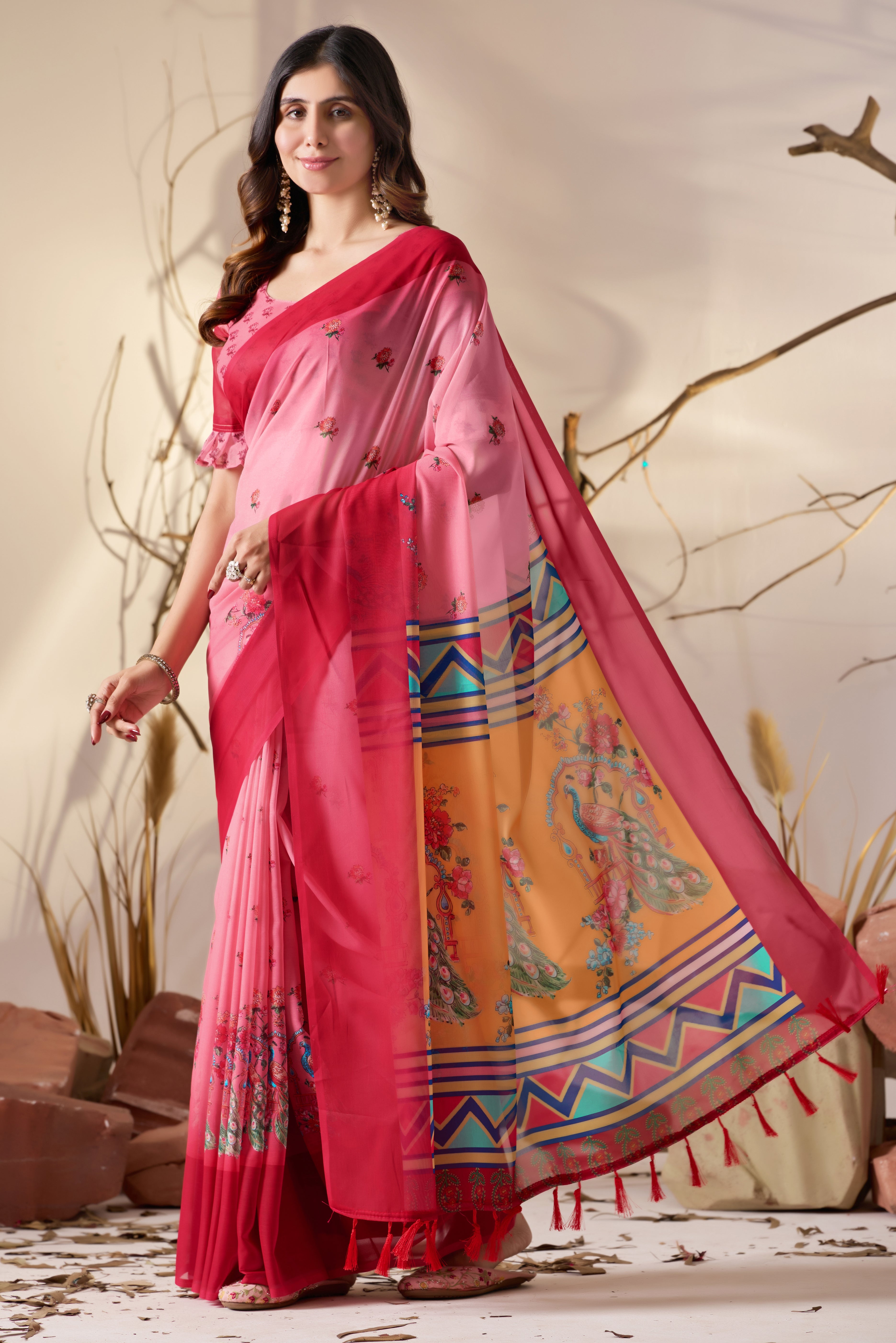 Soft Georgette Saree in Dual Pink Shades Accented with Delicate Floral Digital Print