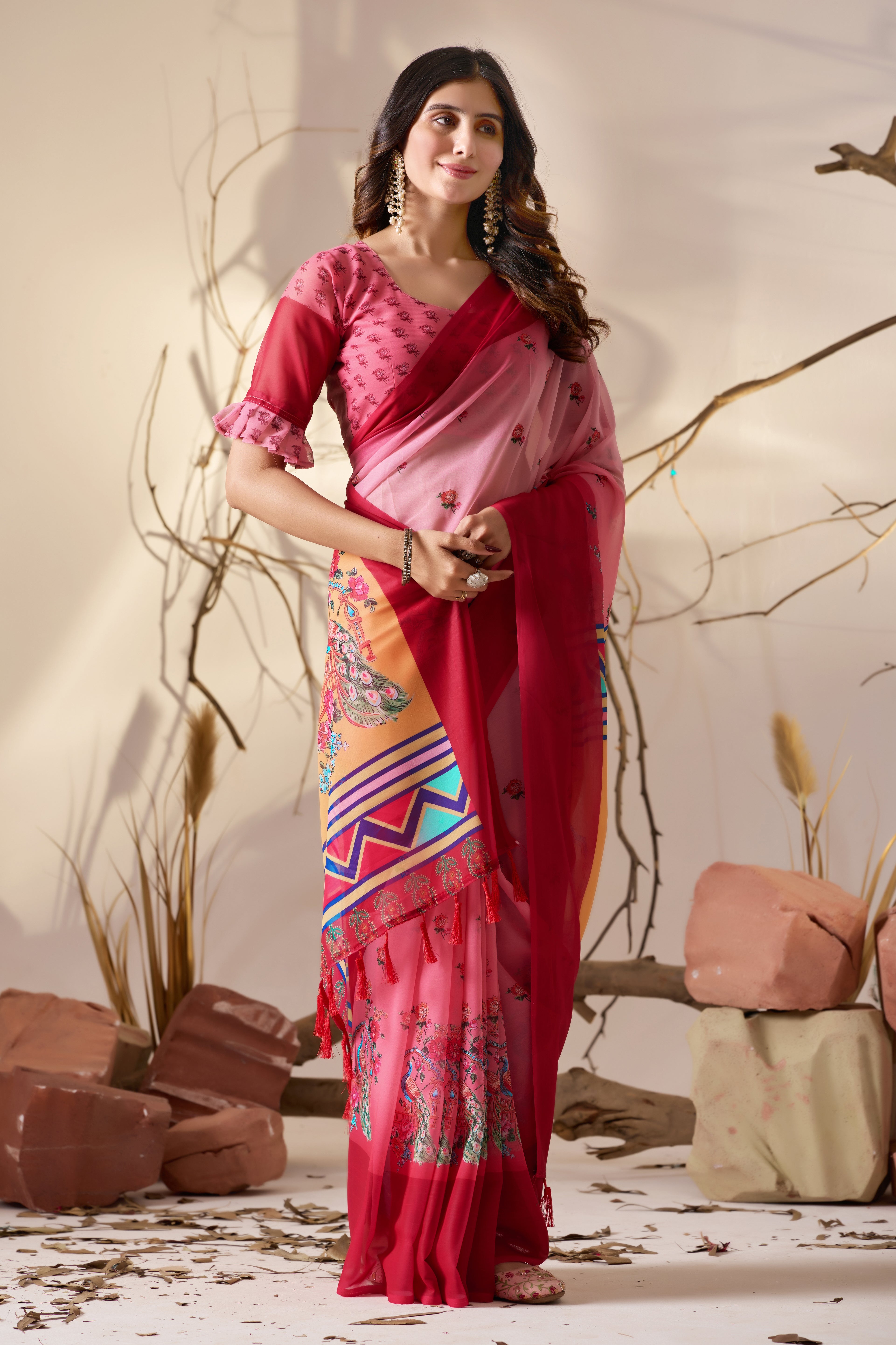 Soft Georgette Saree in Dual Pink Shades Accented with Delicate Floral Digital Print
