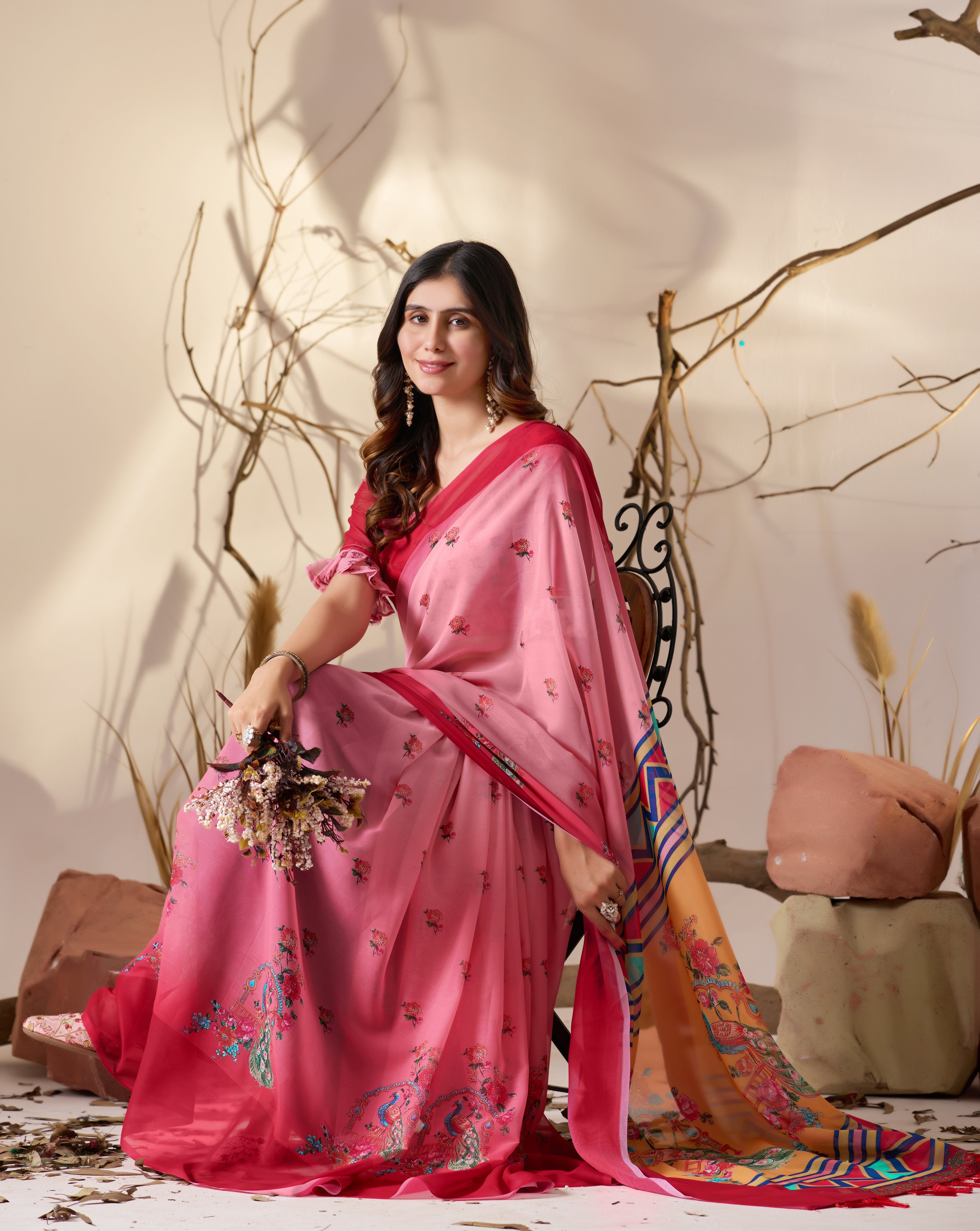 Soft Georgette Saree in Dual Pink Shades Accented with Delicate Floral Digital Print