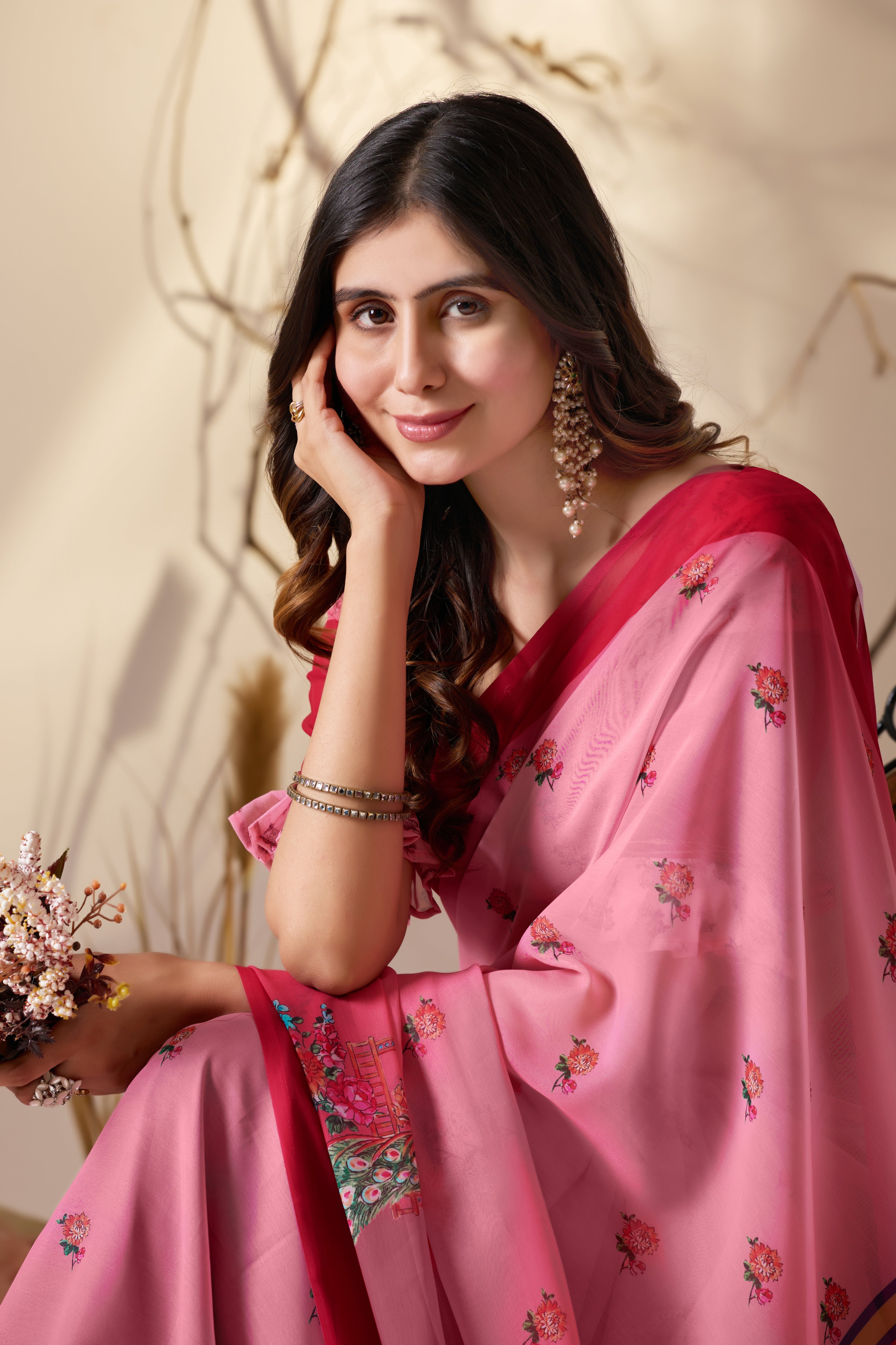 Soft Georgette Saree in Dual Pink Shades Accented with Delicate Floral Digital Print