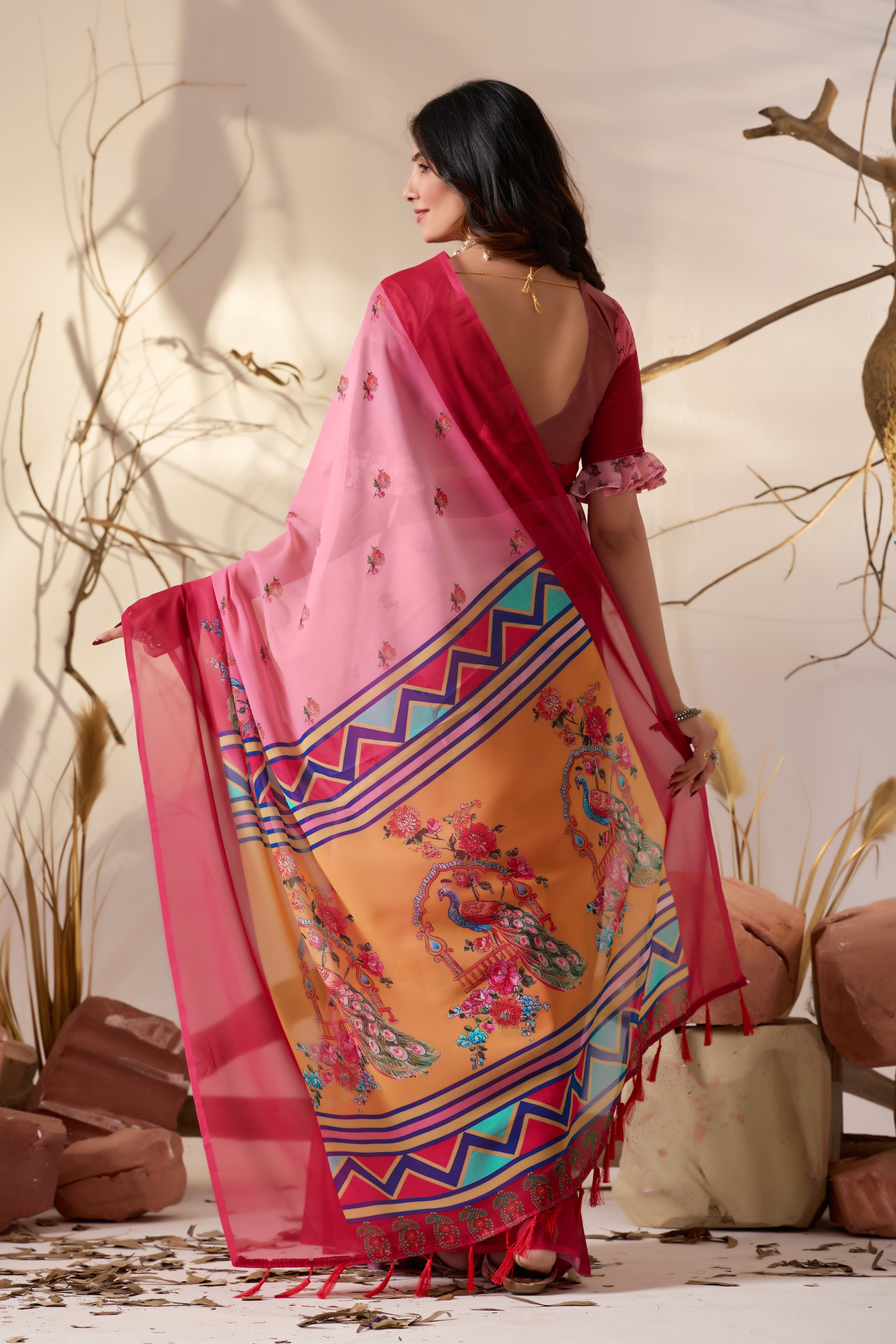 Soft Georgette Saree in Dual Pink Shades Accented with Delicate Floral Digital Print