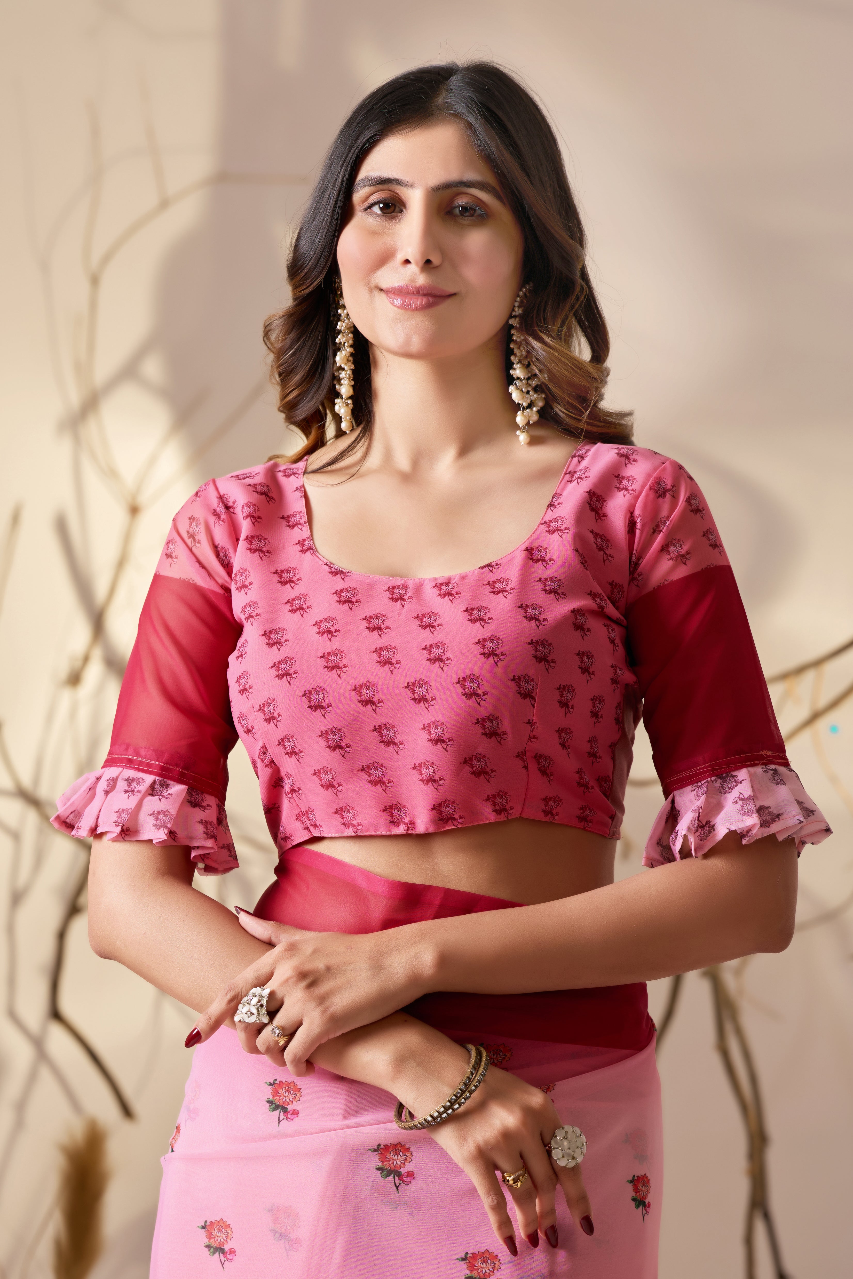 Soft Georgette Saree in Dual Pink Shades Accented with Delicate Floral Digital Print