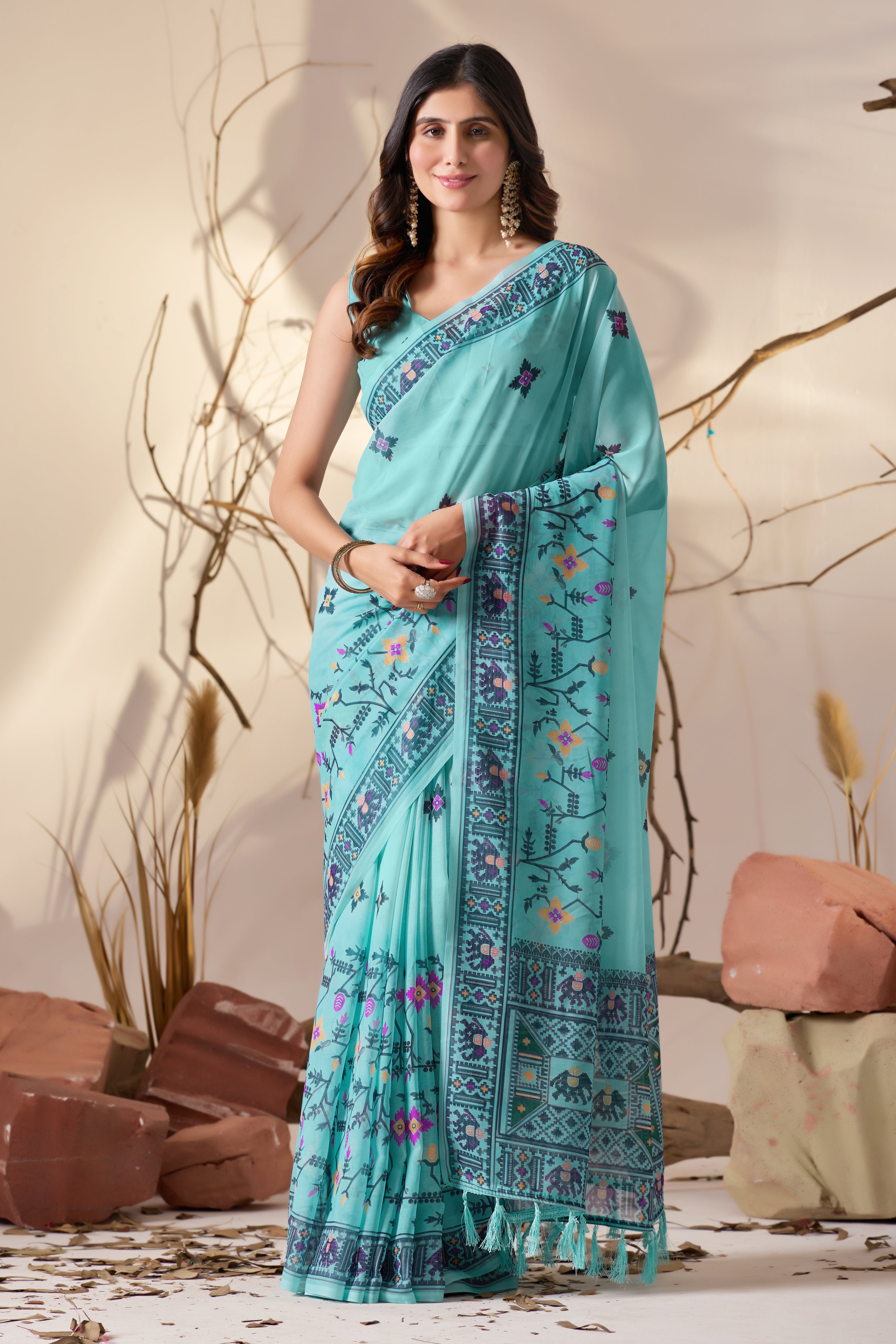 Soft Georgette Saree in Refreshing Sea Green Tone Highlighted with Intricate Digital Tribal