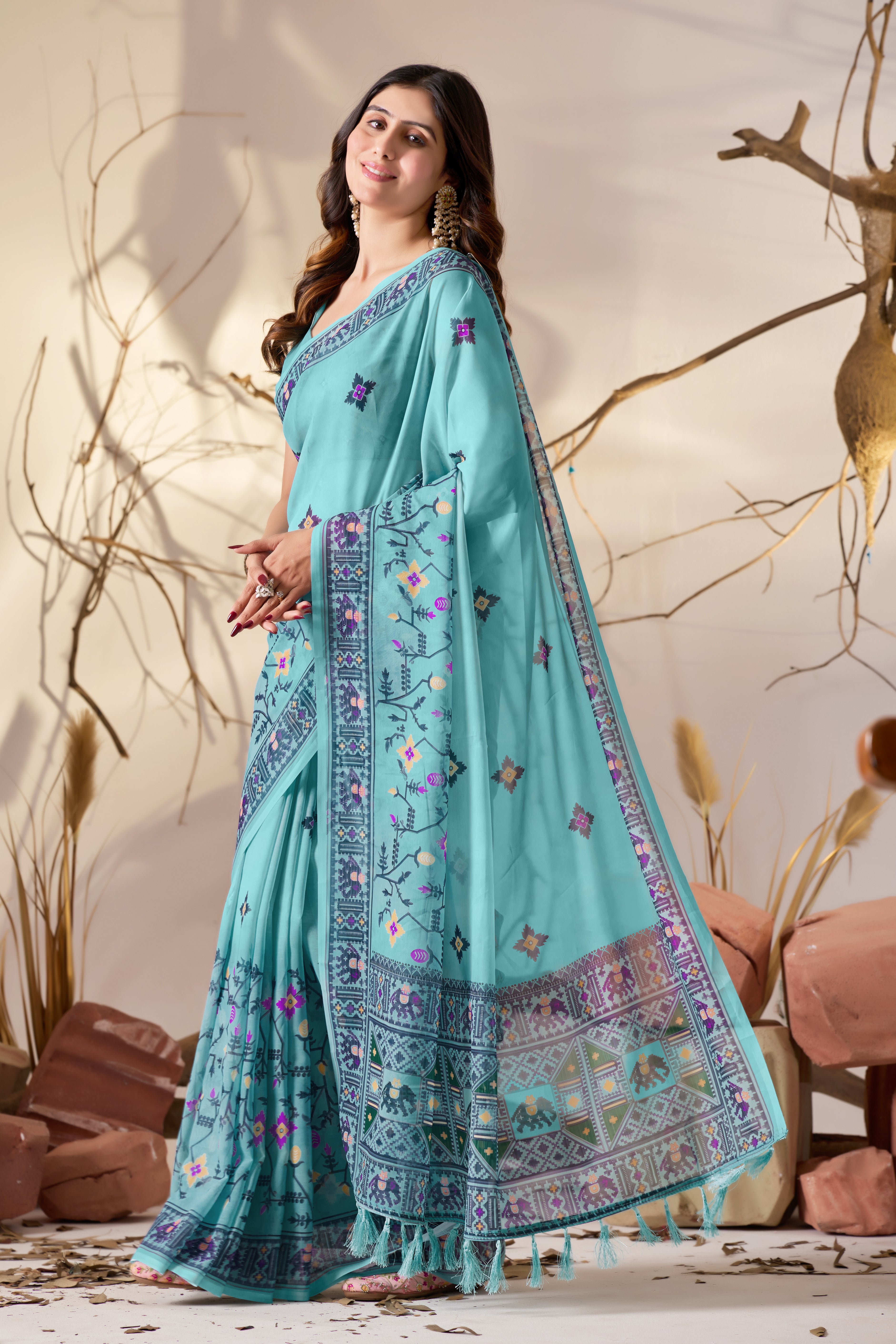 Soft Georgette Saree in Refreshing Sea Green Tone Highlighted with Intricate Digital Tribal