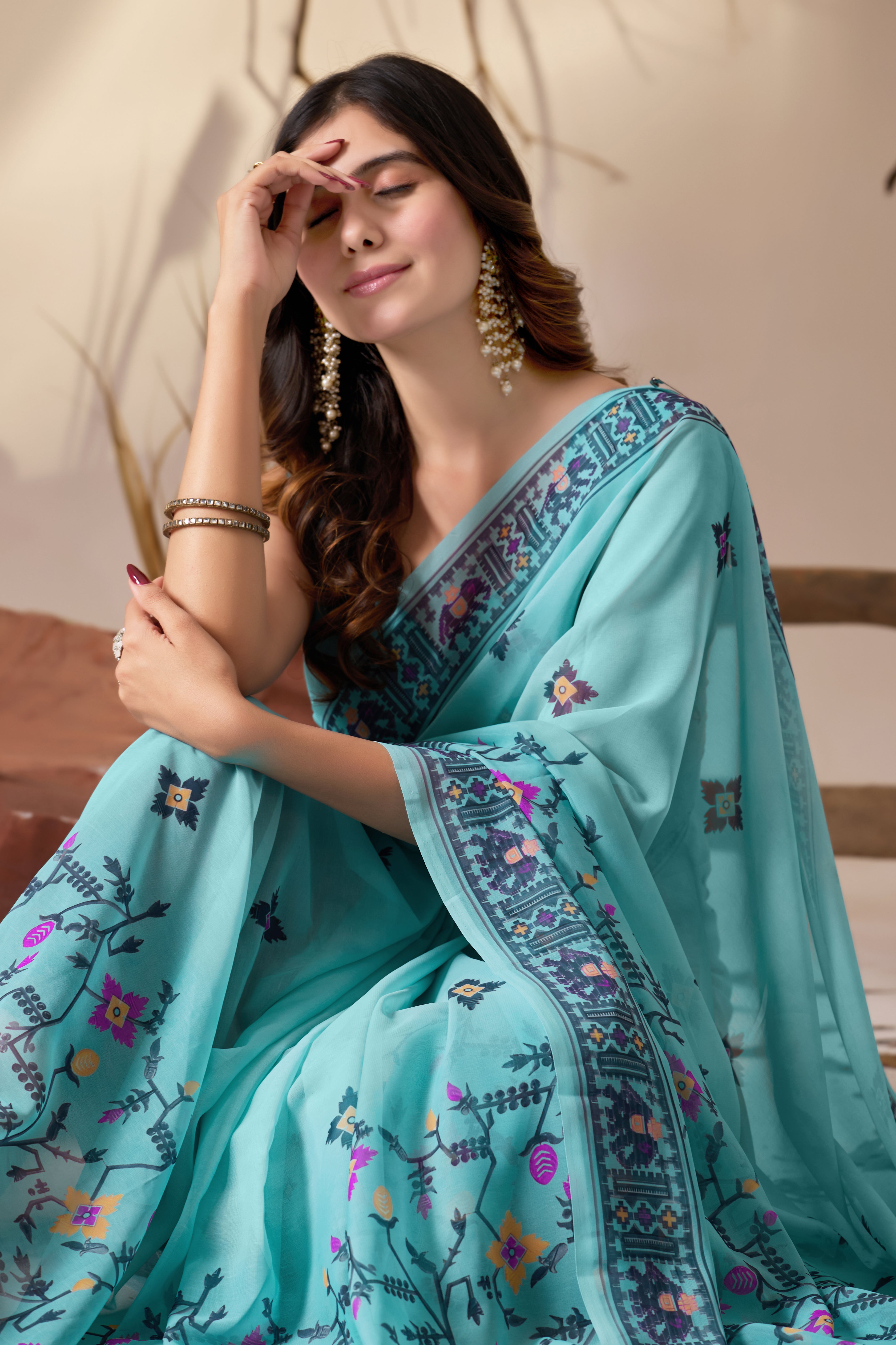 Soft Georgette Saree in Refreshing Sea Green Tone Highlighted with Intricate Digital Tribal