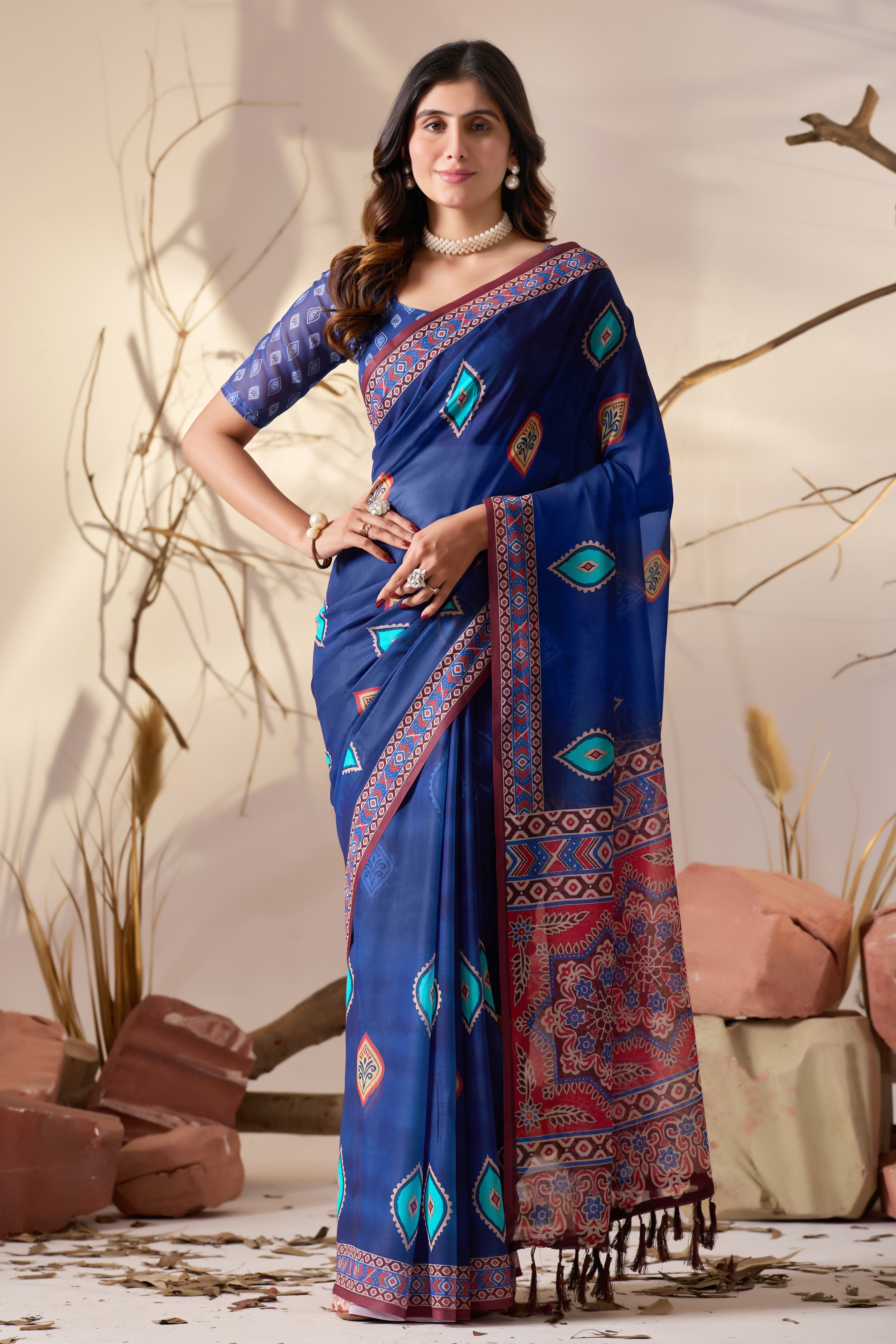 Elegant Soft Georgette Saree in Royal Blue with Contemporary Geometric Digital Prints & Intricate Border Detailing