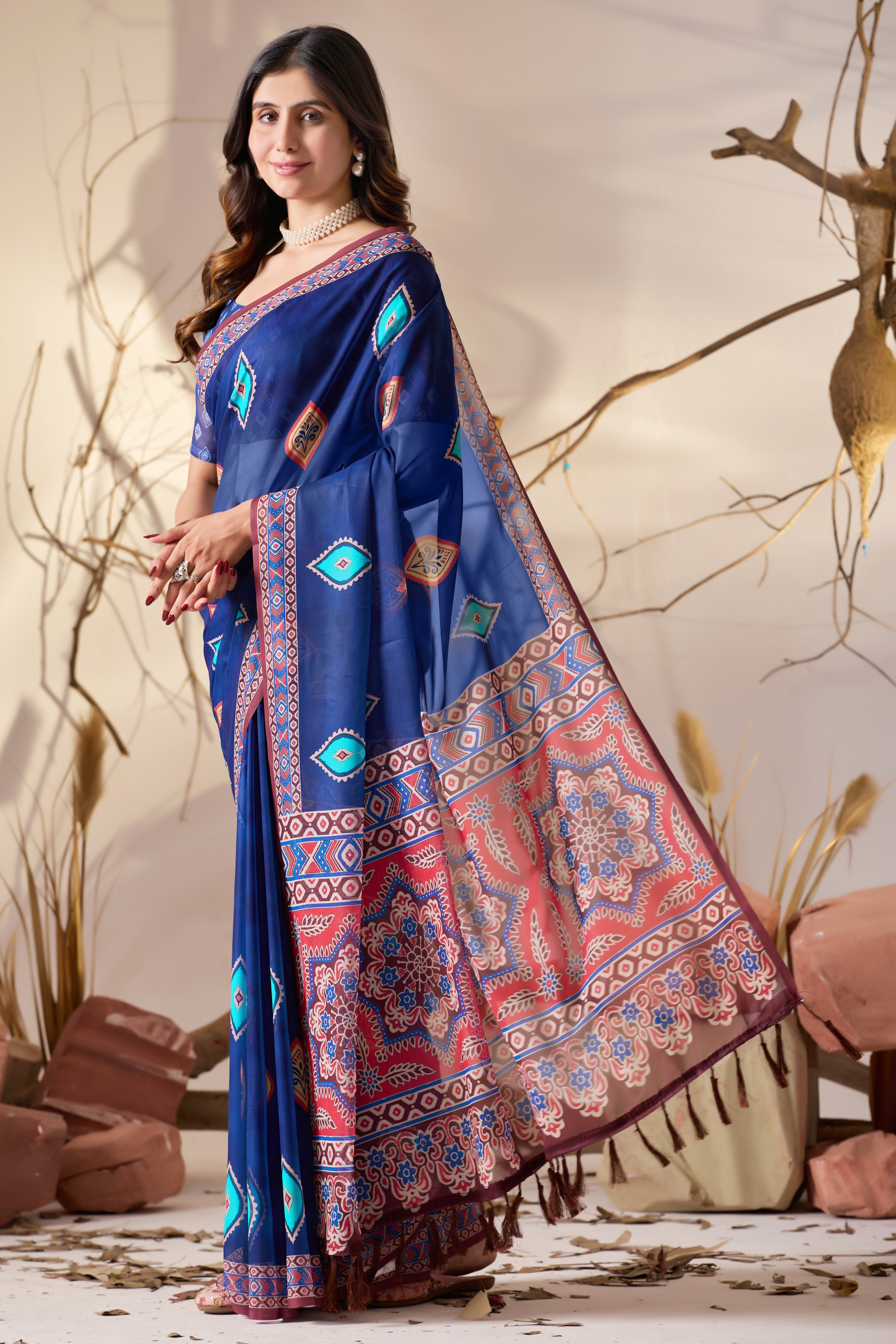Elegant Soft Georgette Saree in Royal Blue with Contemporary Geometric Digital Prints & Intricate Border Detailing