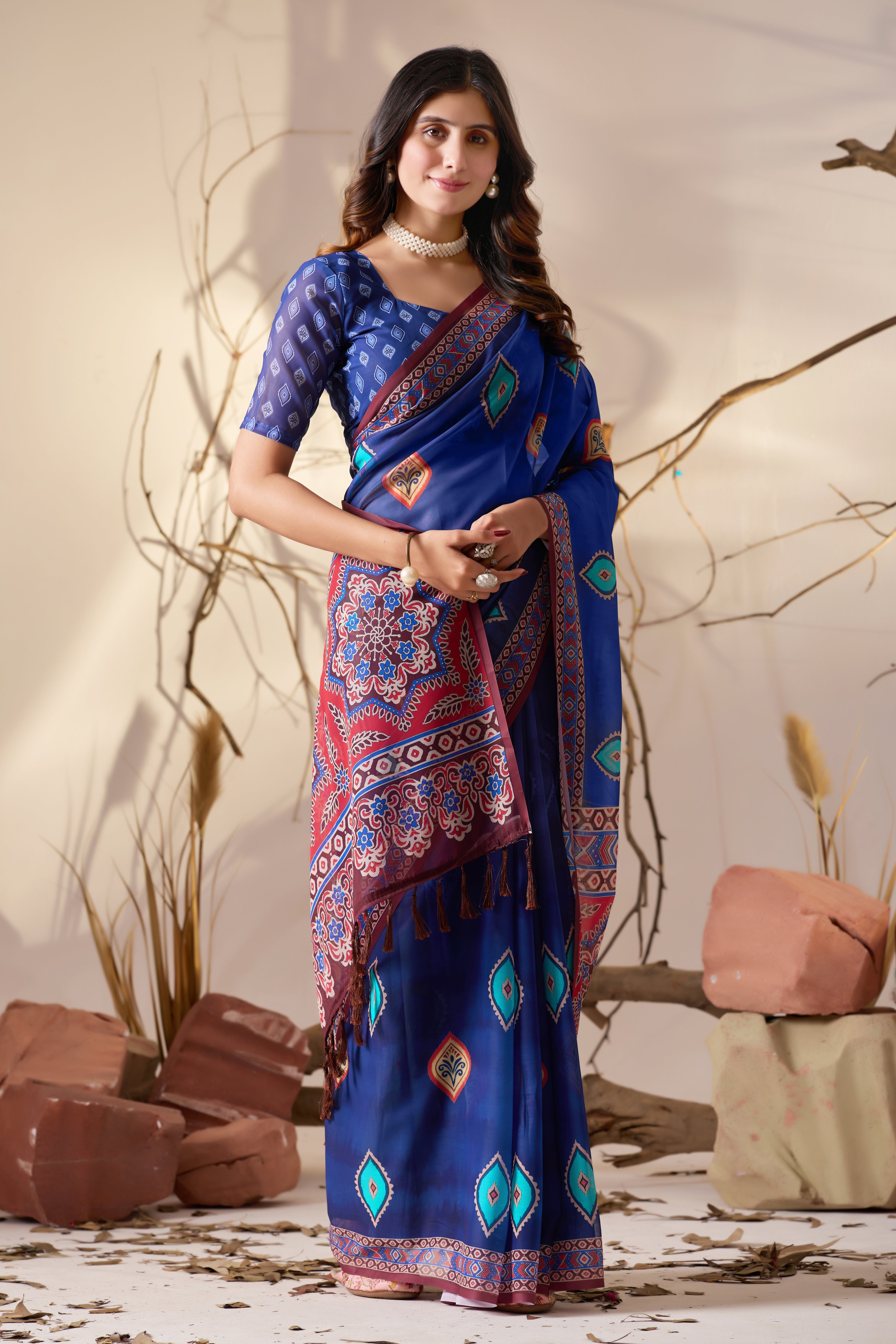 Elegant Soft Georgette Saree in Royal Blue with Contemporary Geometric Digital Prints & Intricate Border Detailing