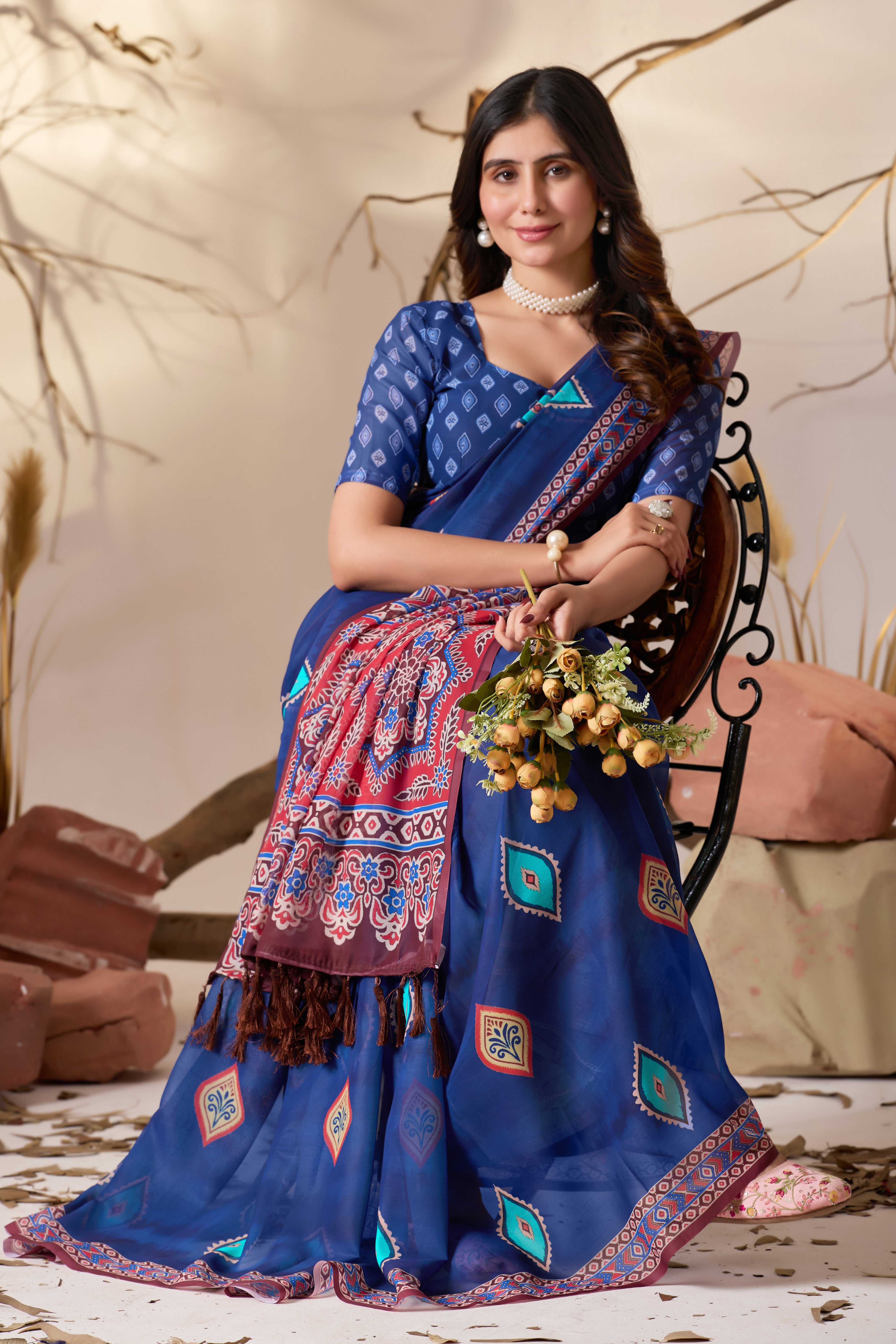 Elegant Soft Georgette Saree in Royal Blue with Contemporary Geometric Digital Prints & Intricate Border Detailing