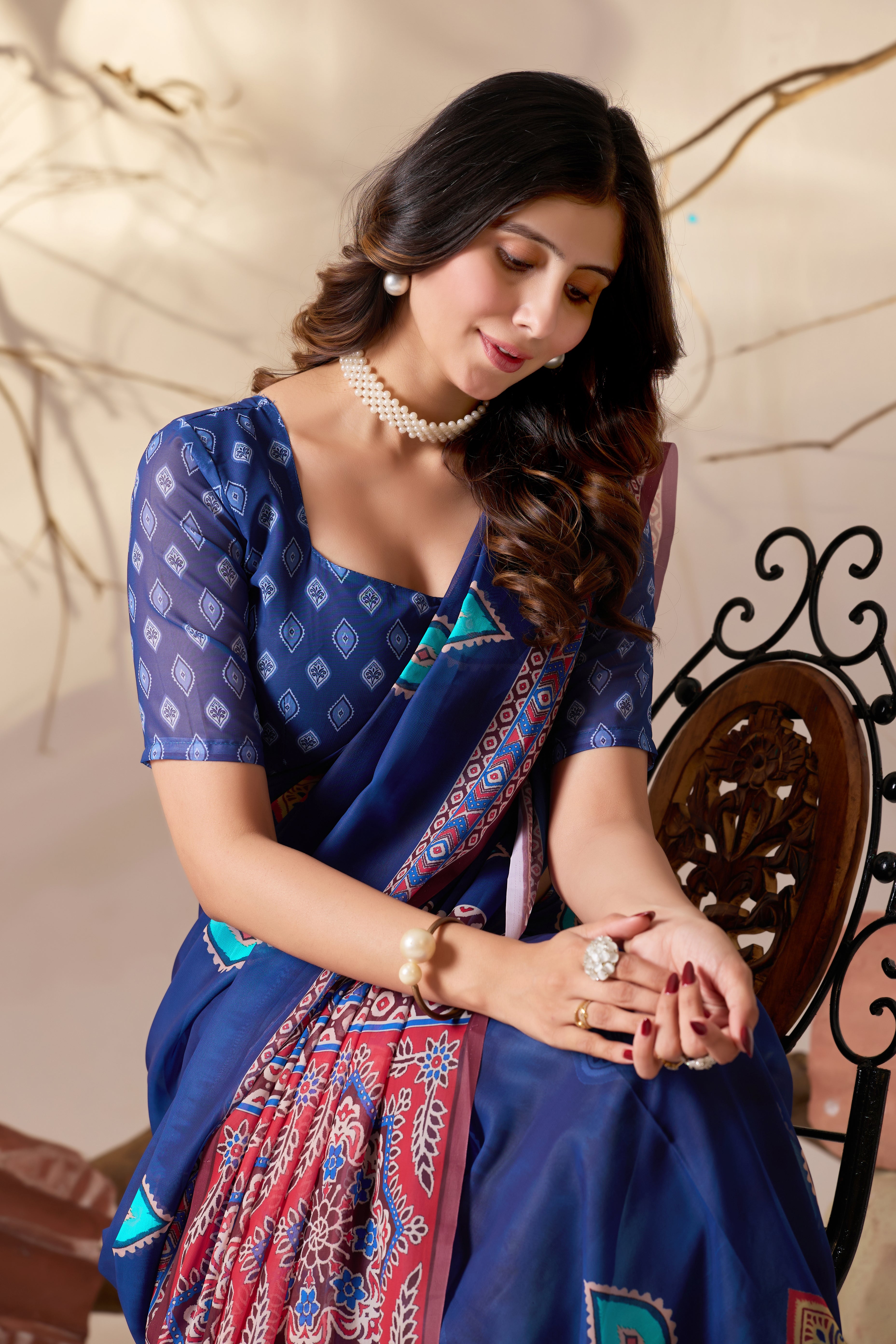 Elegant Soft Georgette Saree in Royal Blue with Contemporary Geometric Digital Prints & Intricate Border Detailing