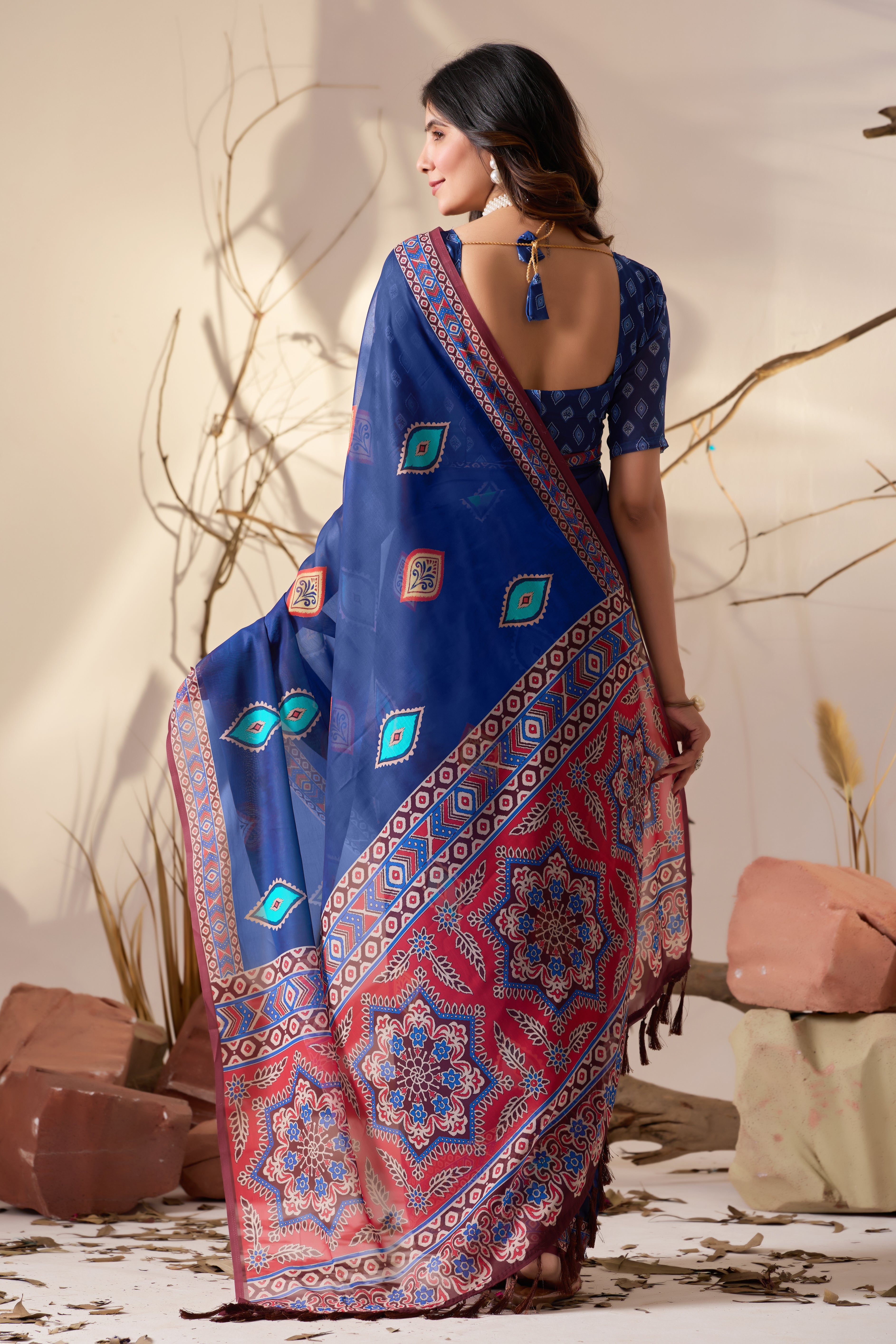 Elegant Soft Georgette Saree in Royal Blue with Contemporary Geometric Digital Prints & Intricate Border Detailing