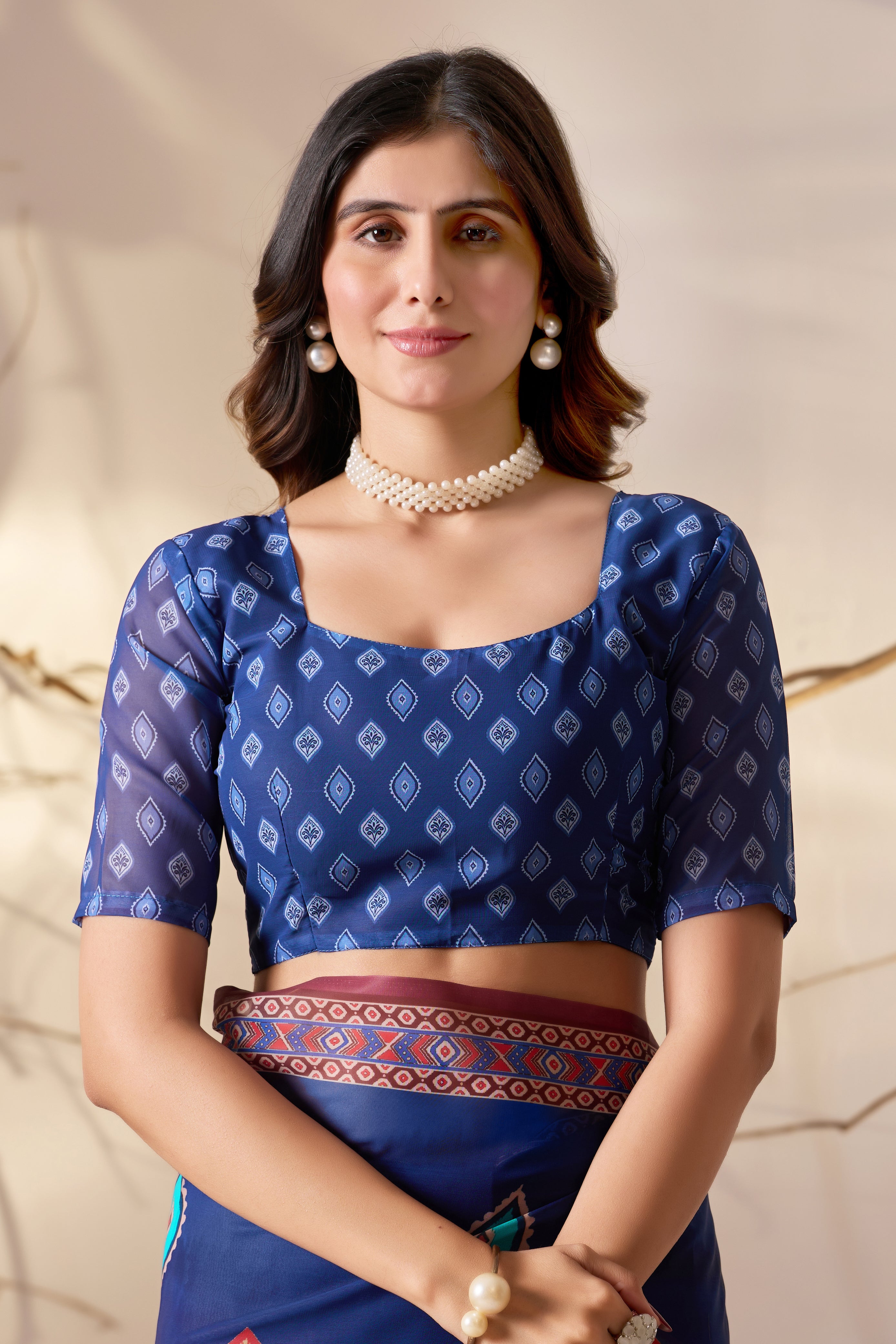Elegant Soft Georgette Saree in Royal Blue with Contemporary Geometric Digital Prints & Intricate Border Detailing