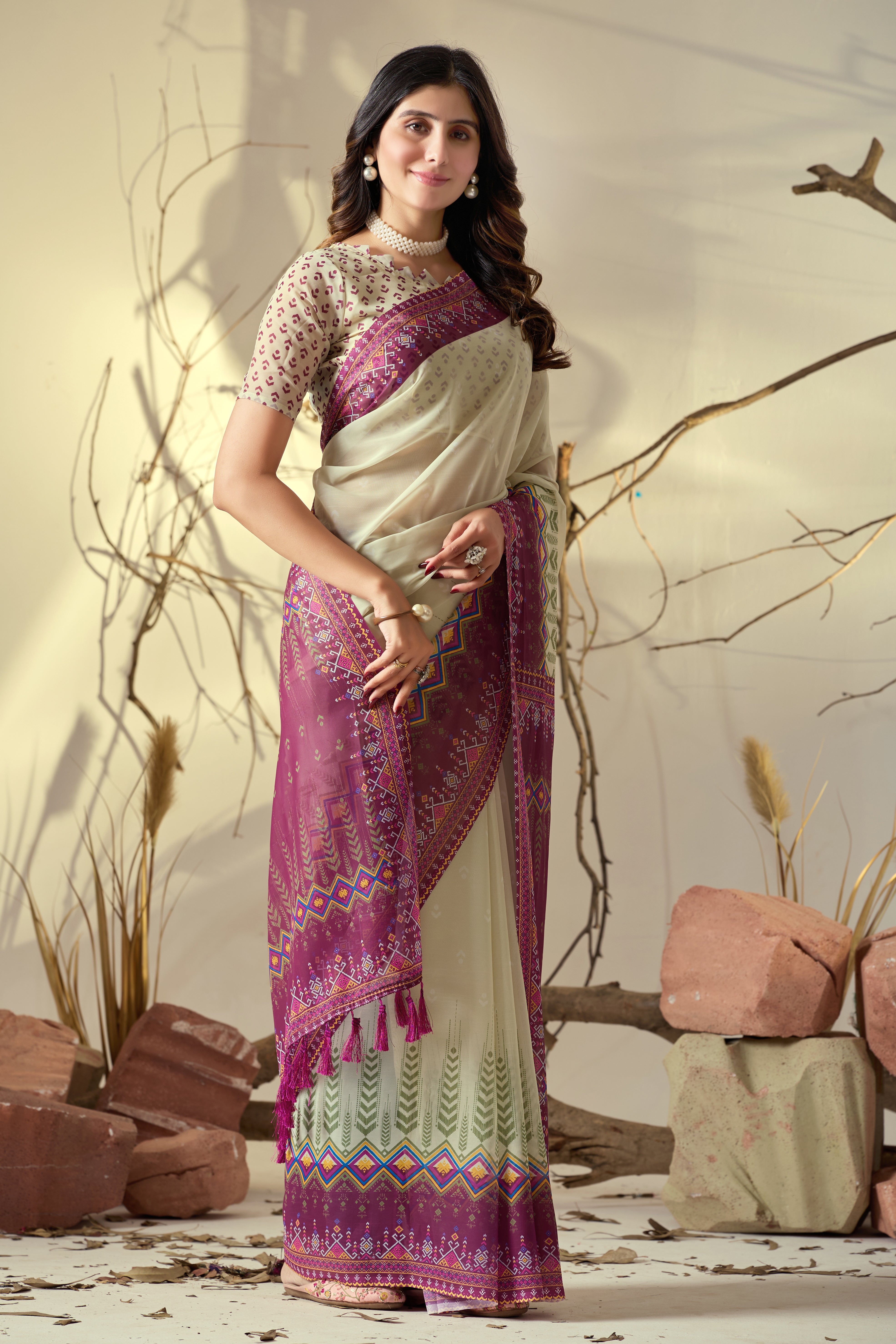 Soft Georgette Saree with Artistic Cream body and Deep Pink Geometric Digital Print border and pallu with Tassel Detailing